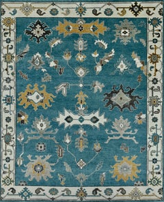Contemporary Oushak Hand-Knotted Wool Rug in Teal Blue and Ivory