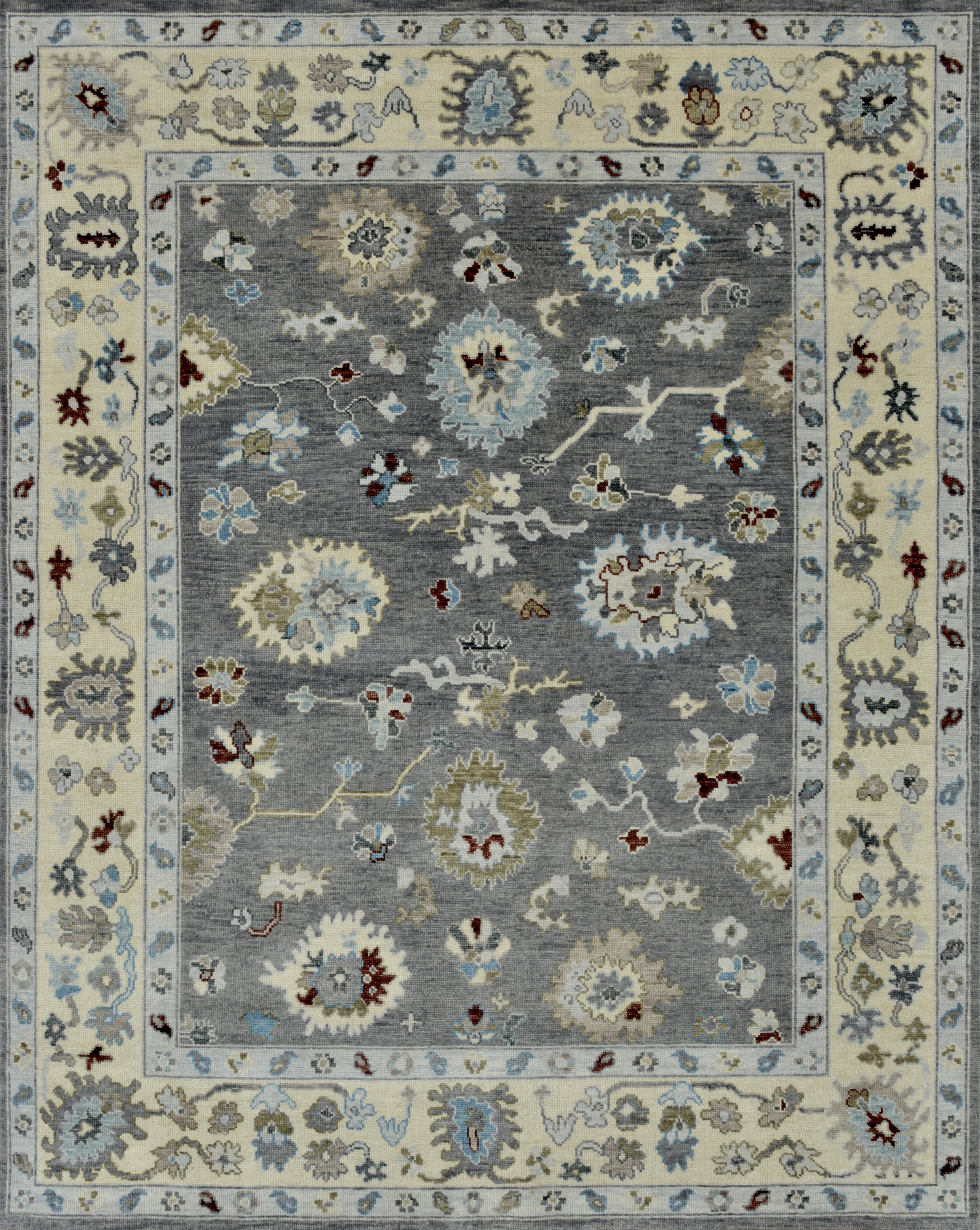 Contemporary Oushak-Inspired Hand-Knotted Wool Rug in Grey and Ivory