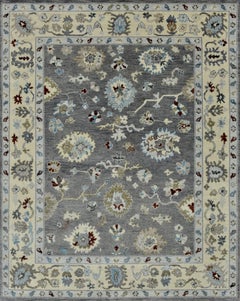 Contemporary Oushak-Inspired Hand-Knotted Wool Rug in Grey and Ivory