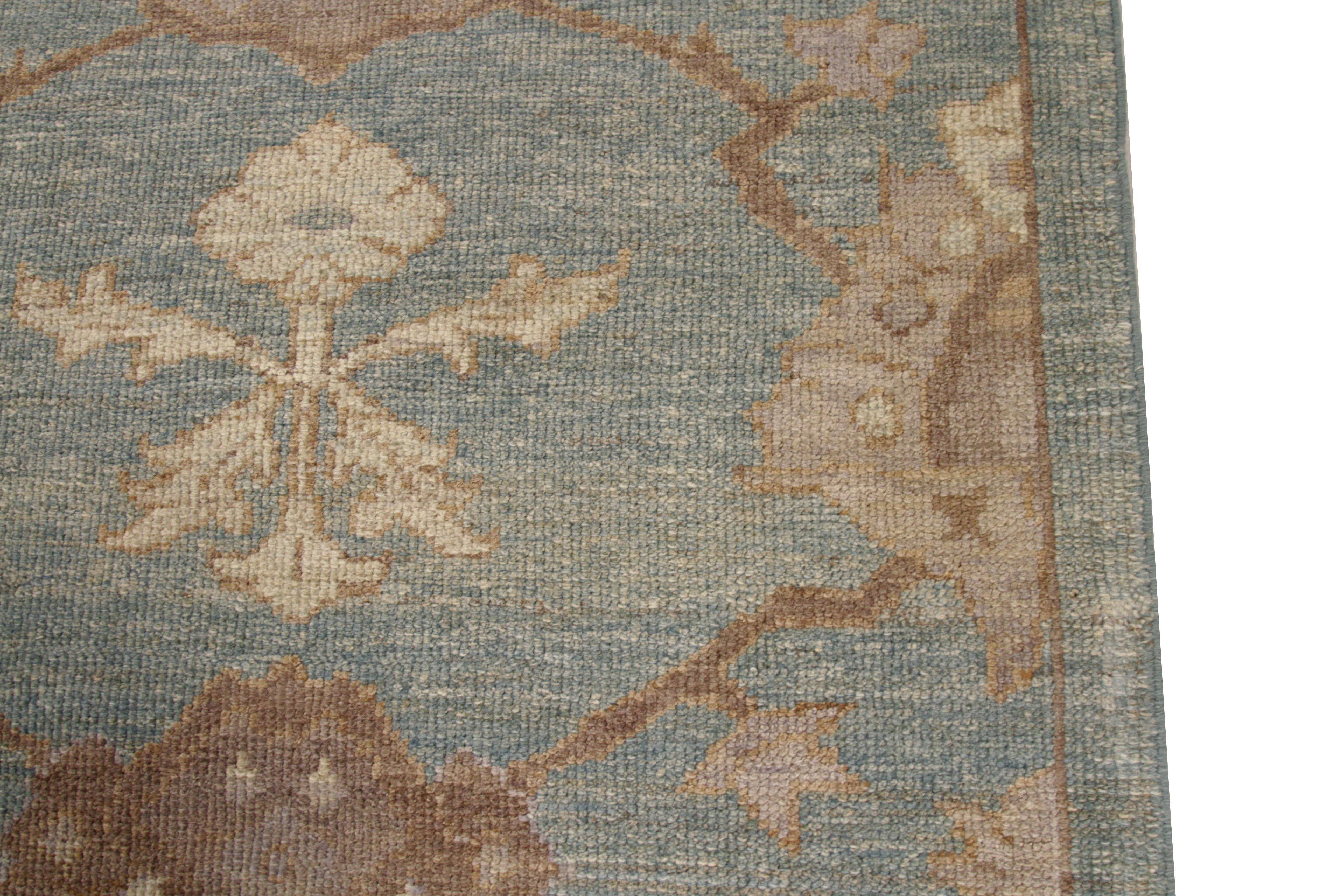 Wool Contemporary Oushak Persian Rug in Blue with Brown and Beige Flower Motif