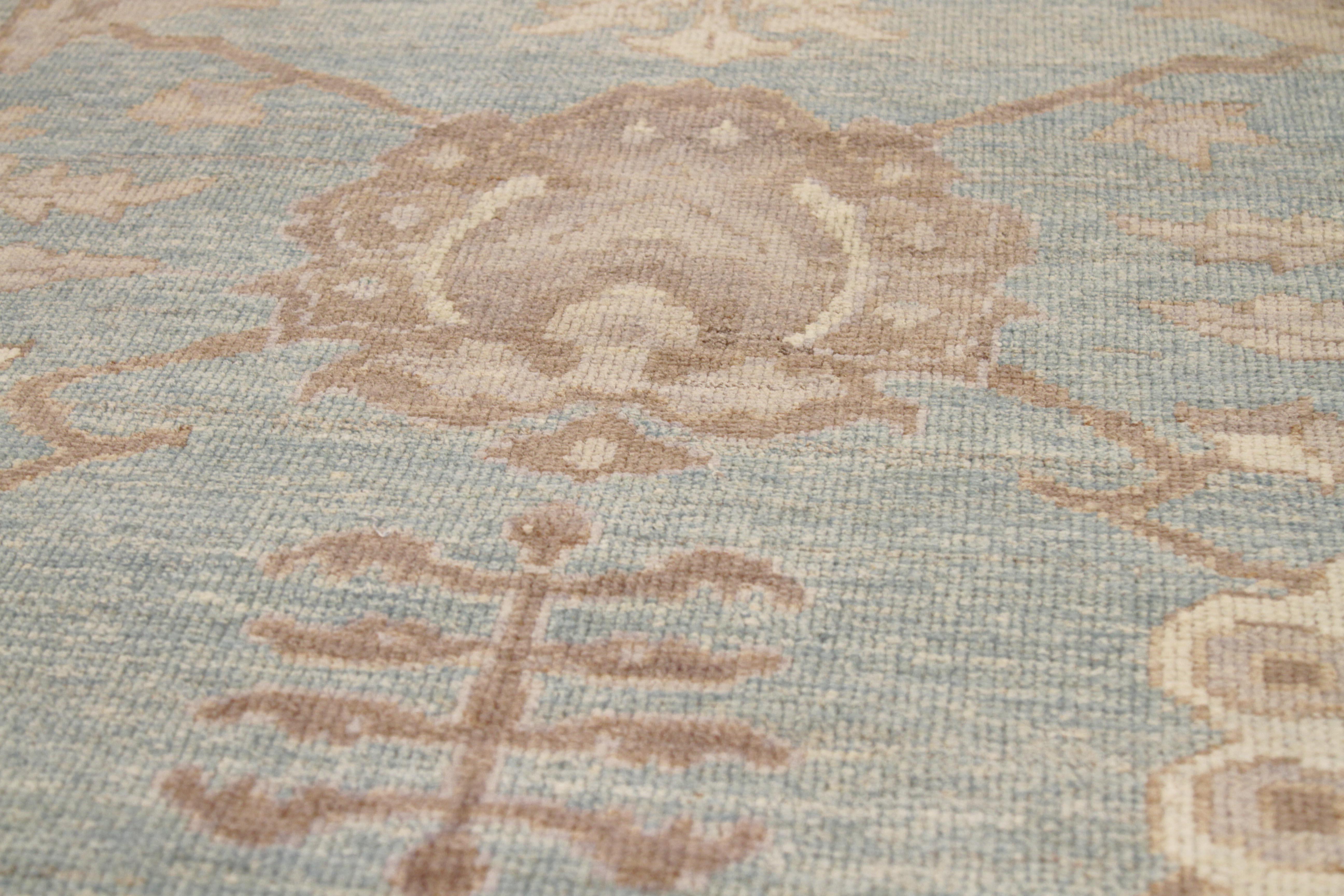 Contemporary Oushak Persian Rug in Blue with Brown and Beige Flower Motif 2