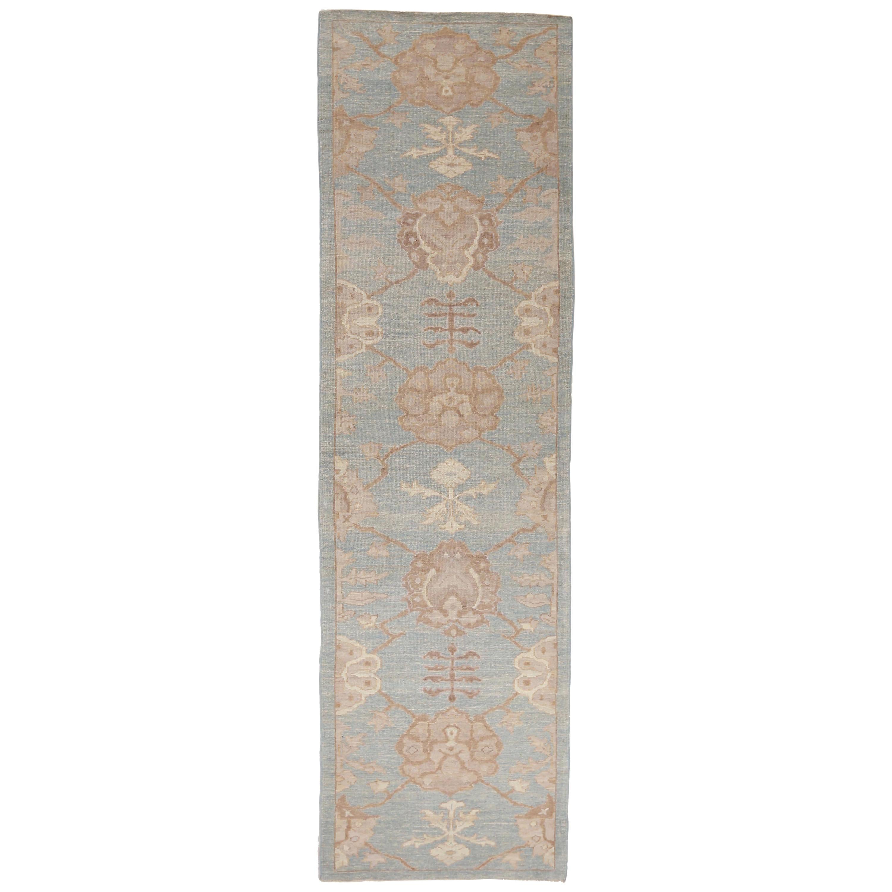 Contemporary Oushak Persian Rug in Blue with Brown and Beige Flower Motif