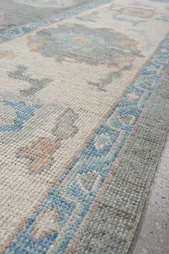 Contemporary Oushak Room Size Rug in Grey and Turquoise Blue