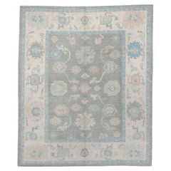 Contemporary Oushak Room Size Rug in Grey and Turquoise Blue