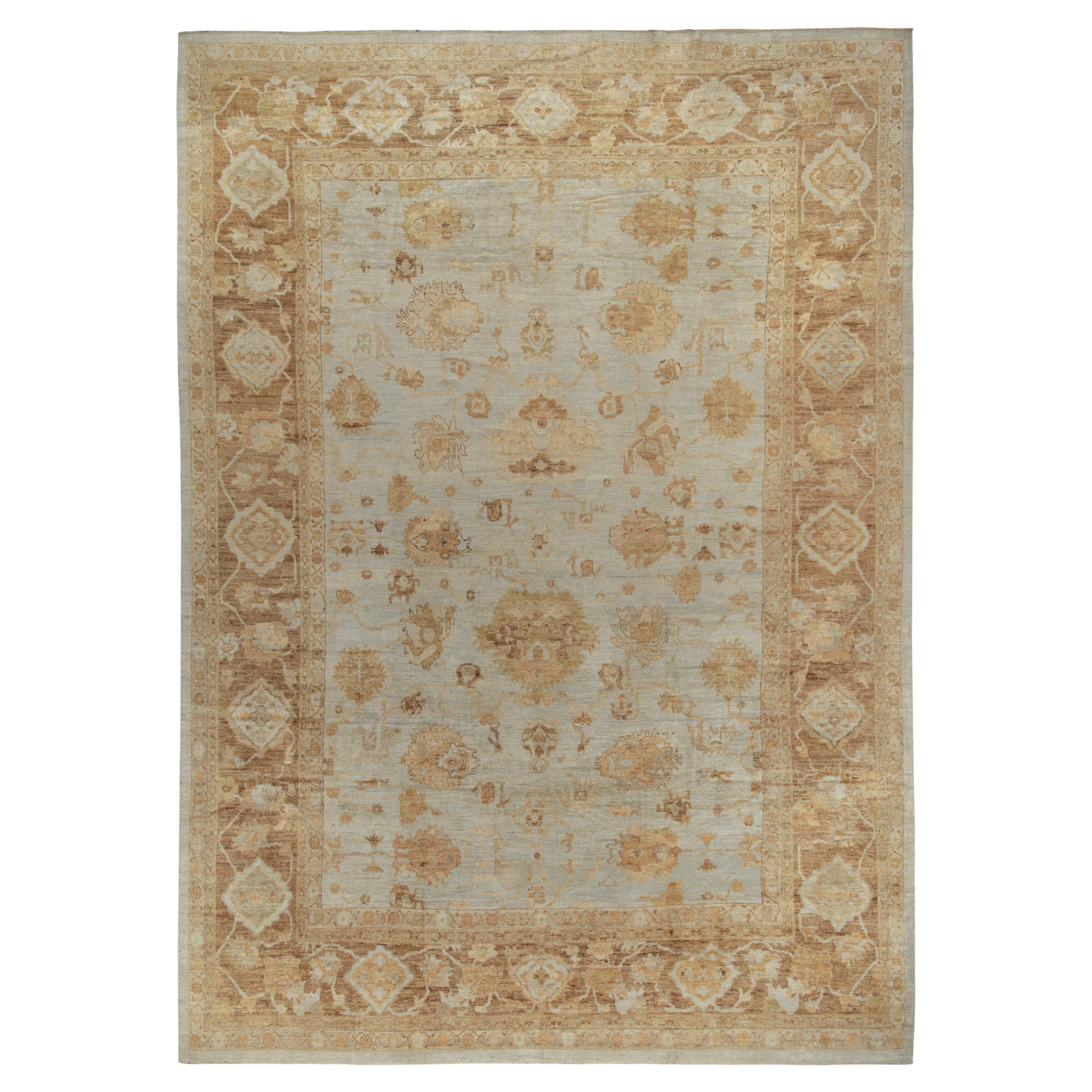 Rug & Kilim's Contemporary Oushak Rug in All over Blue, Beige Floral Pattern