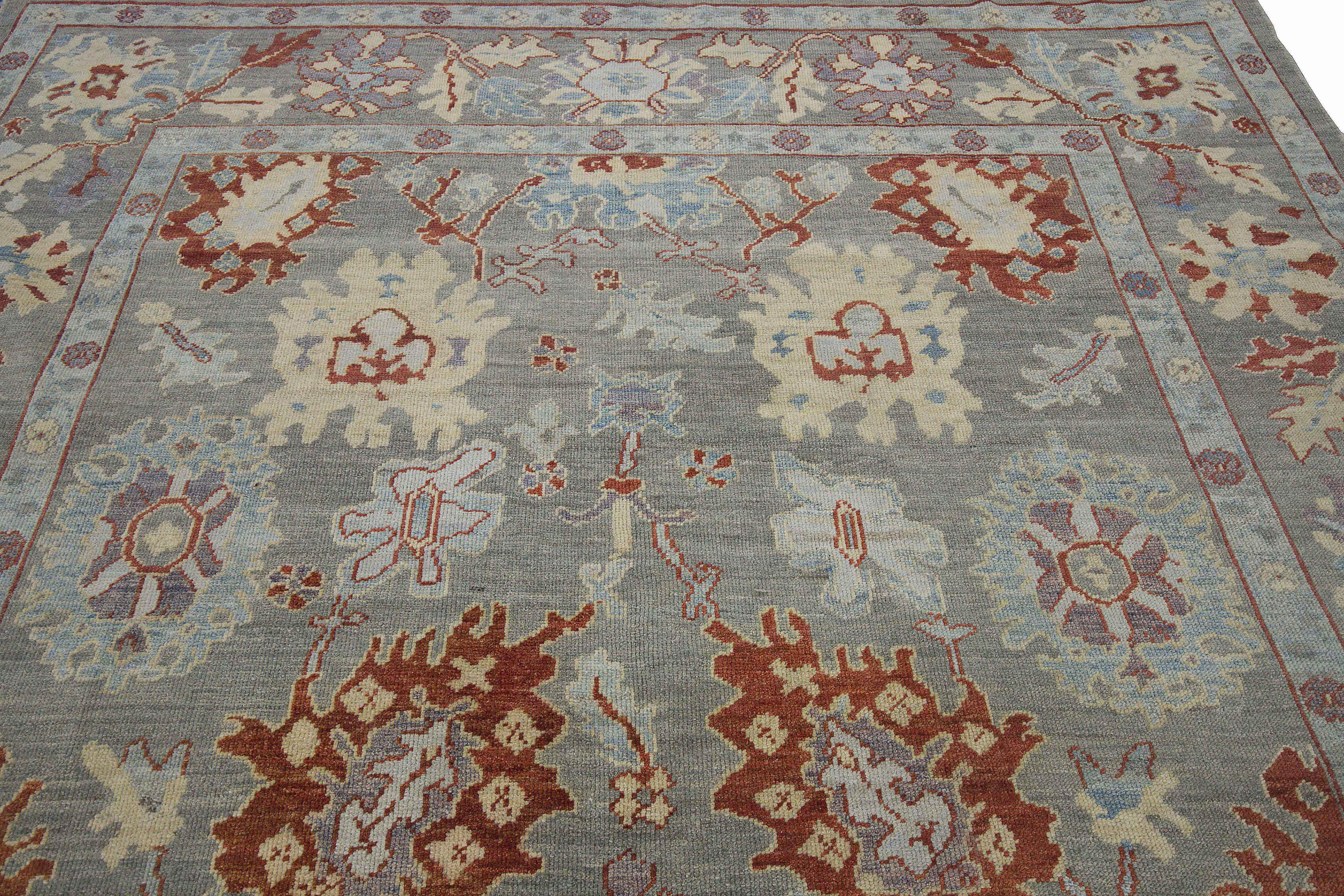 Turkish Contemporary Oushak Rug in Gray Field with Floral Details in Ivory and Red For Sale