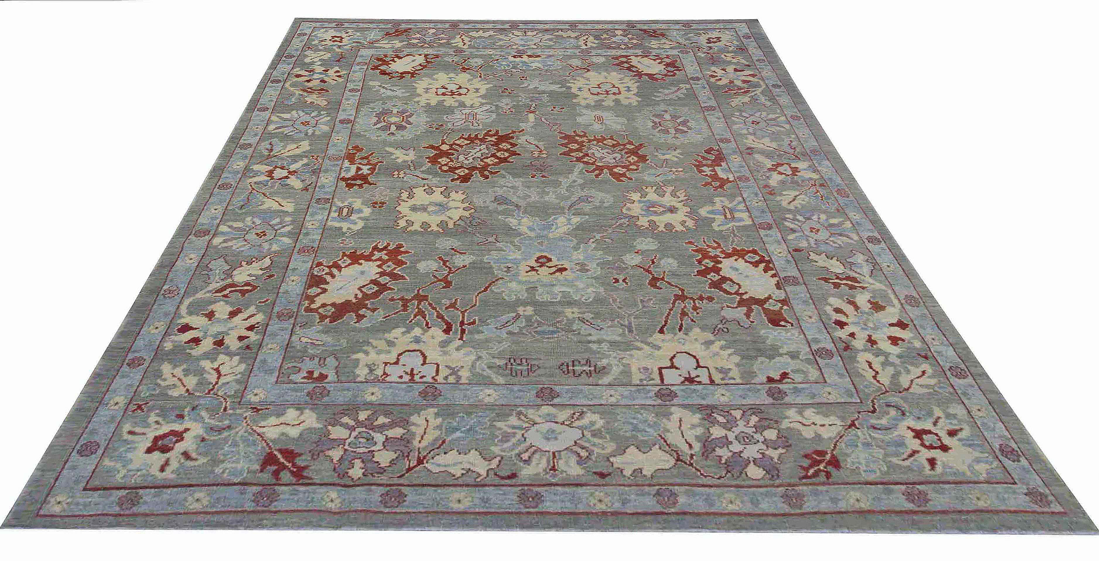 Hand-Woven Contemporary Oushak Rug in Gray Field with Floral Details in Ivory and Red For Sale