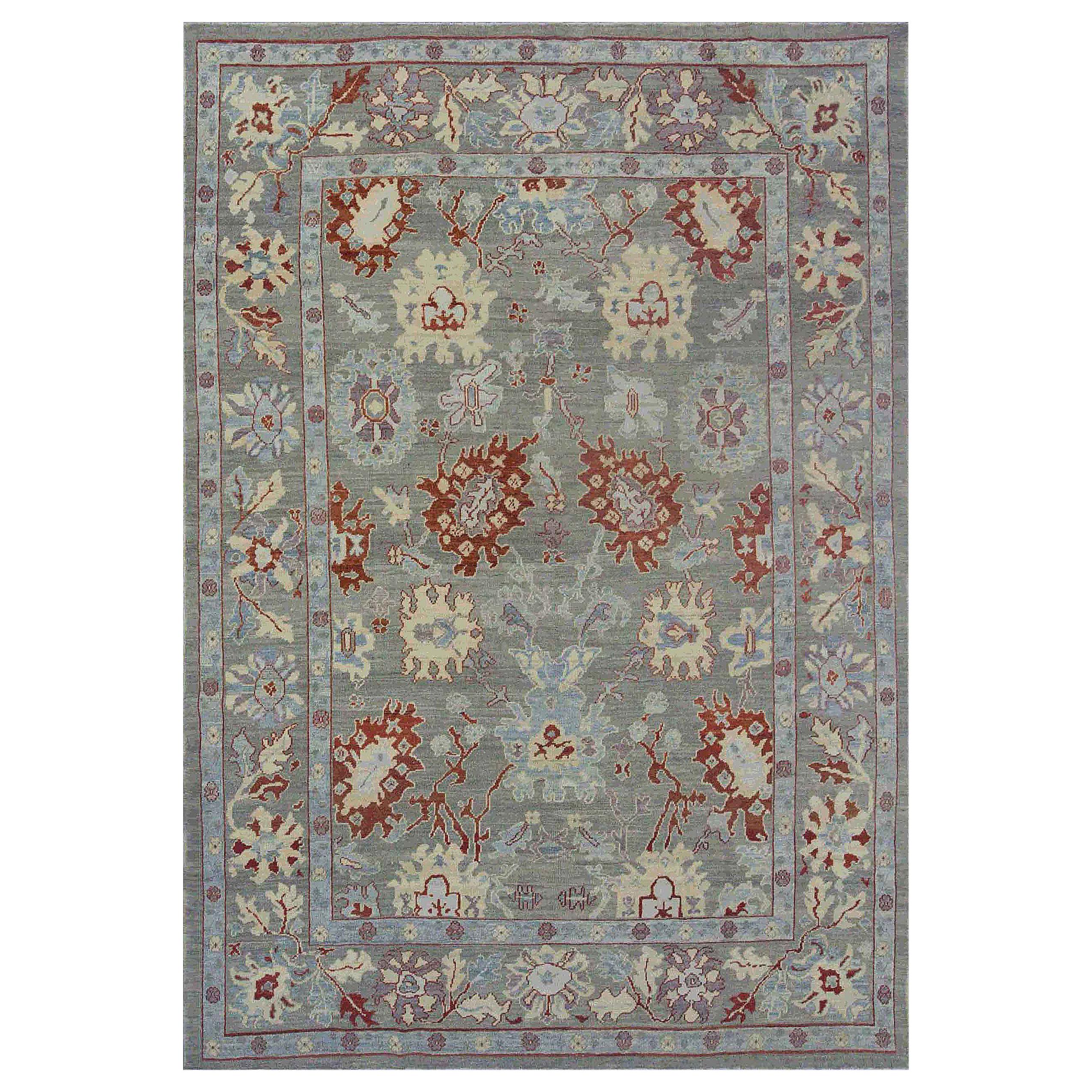 Contemporary Oushak Rug in Gray Field with Floral Details in Ivory and Red For Sale