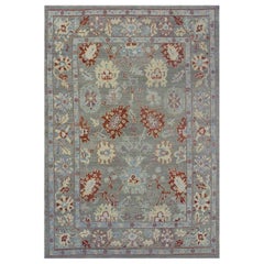 Contemporary Oushak Rug in Gray Field with Floral Details in Ivory and Red