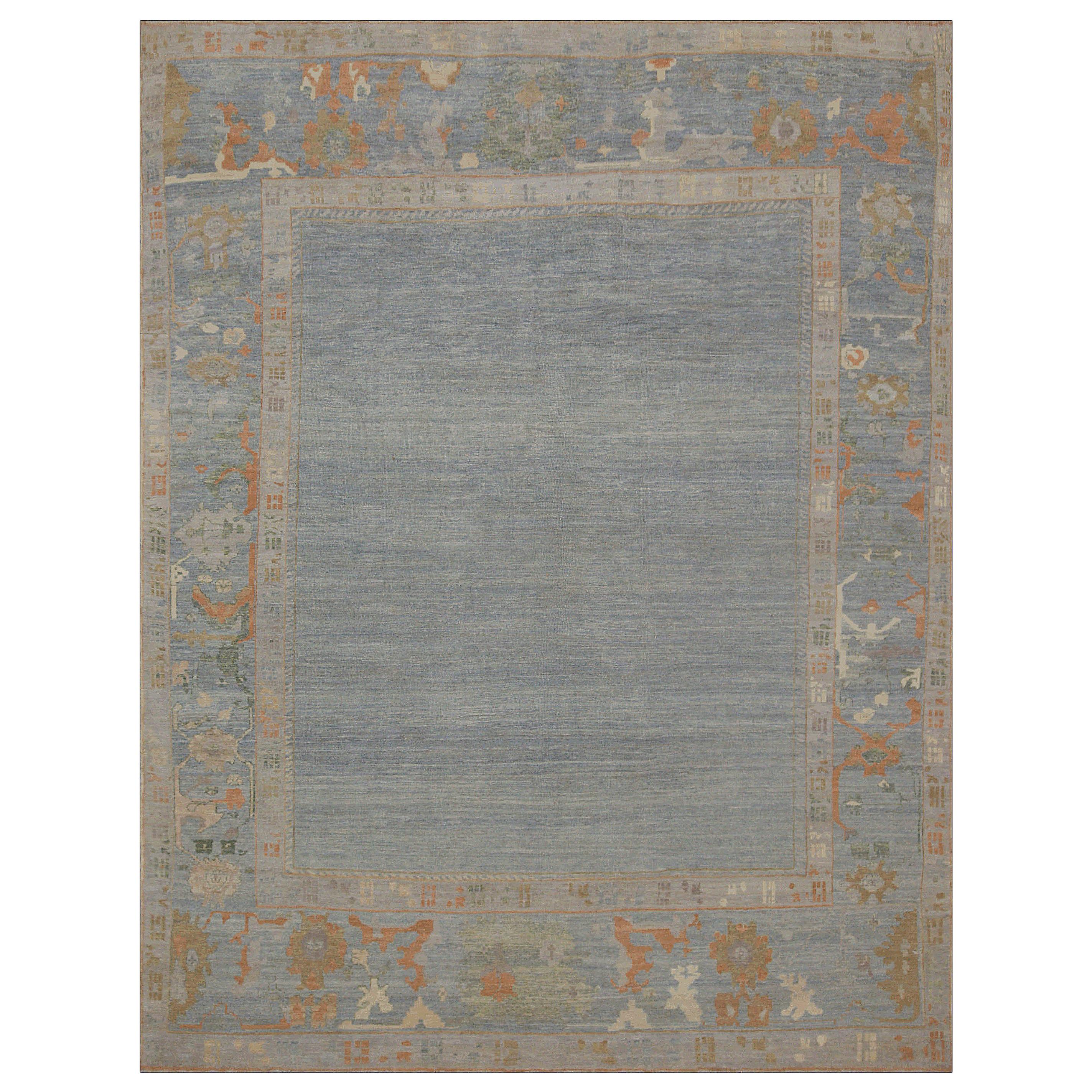 Contemporary Oushak Rug in Gray with Beige and Rust Floral Details