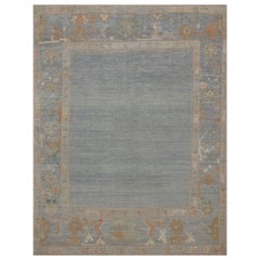 Contemporary Oushak Rug in Gray with Beige and Rust Floral Details