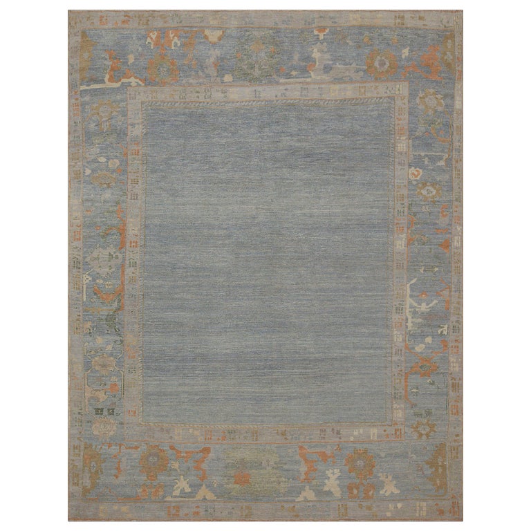 Contemporary Oushak Rug in Gray with Beige and Rust Floral Details For ...