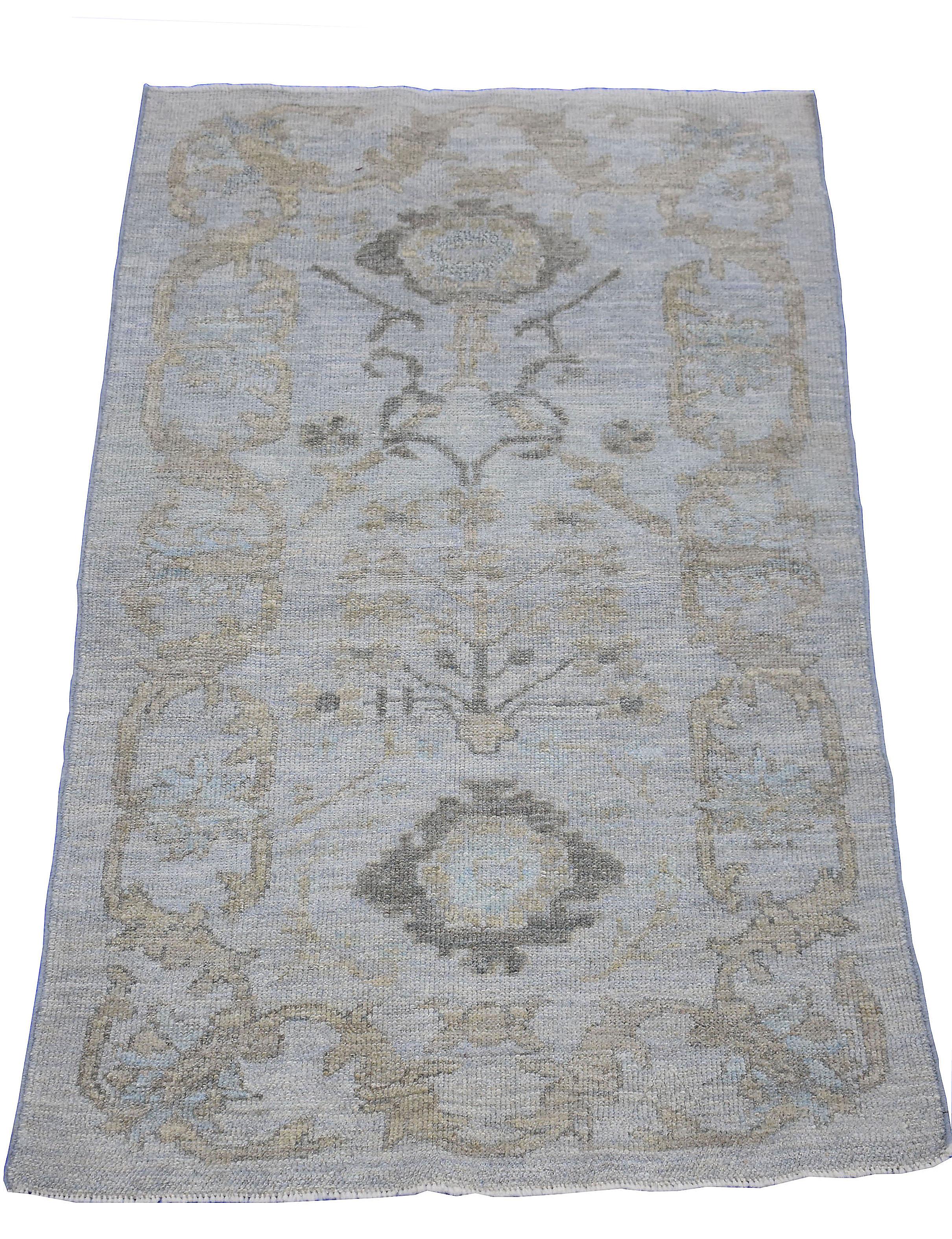 Hand-Woven Contemporary Oushak Rug with Beige and Gray Flower Medallions  For Sale