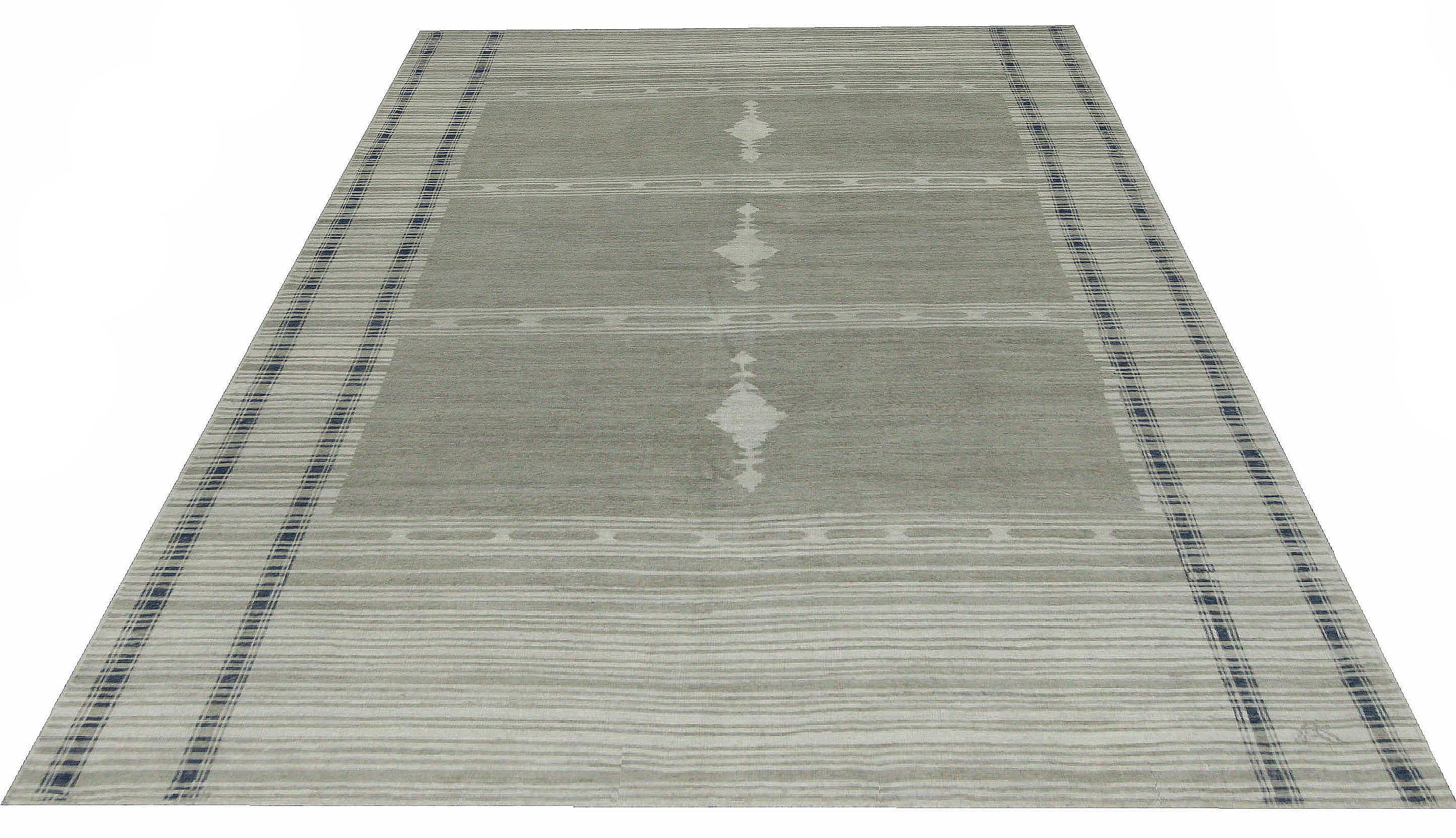 Turkish Contemporary Oushak Rug with Black and Beige Stripes on Gray Field For Sale