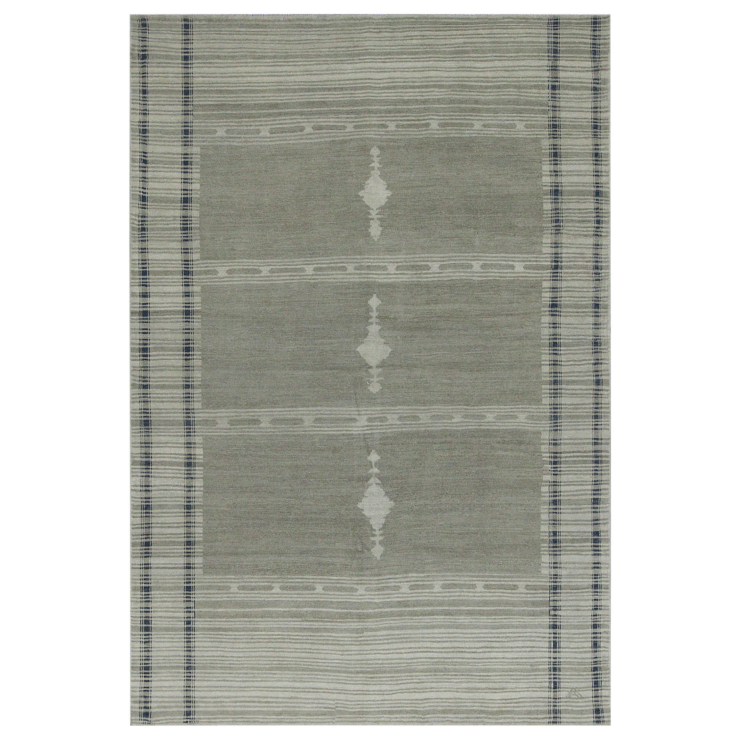 Contemporary Oushak Rug with Black and Beige Stripes on Gray Field