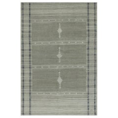 Contemporary Oushak Rug with Black and Beige Stripes on Gray Field