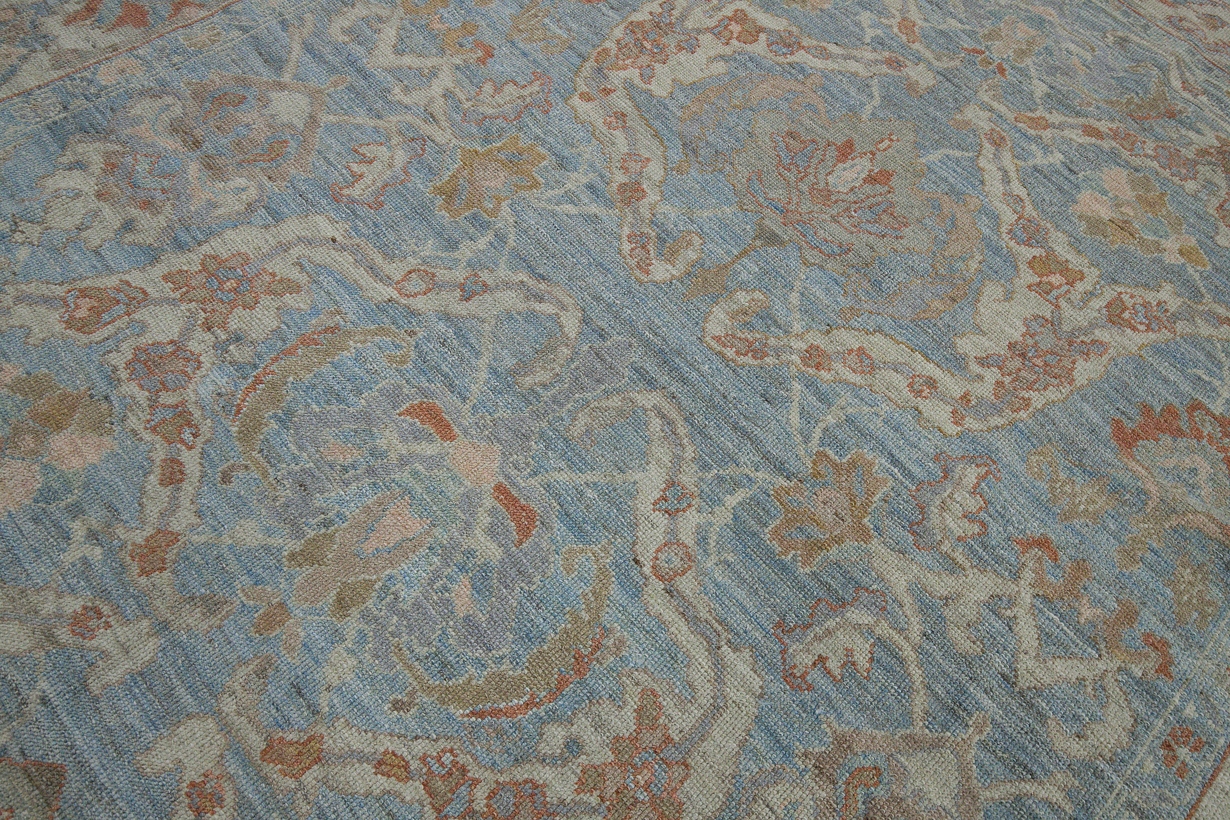 Turkish Contemporary Oushak Rug with Blue Field and Floral Patterns in Beige and Brown For Sale