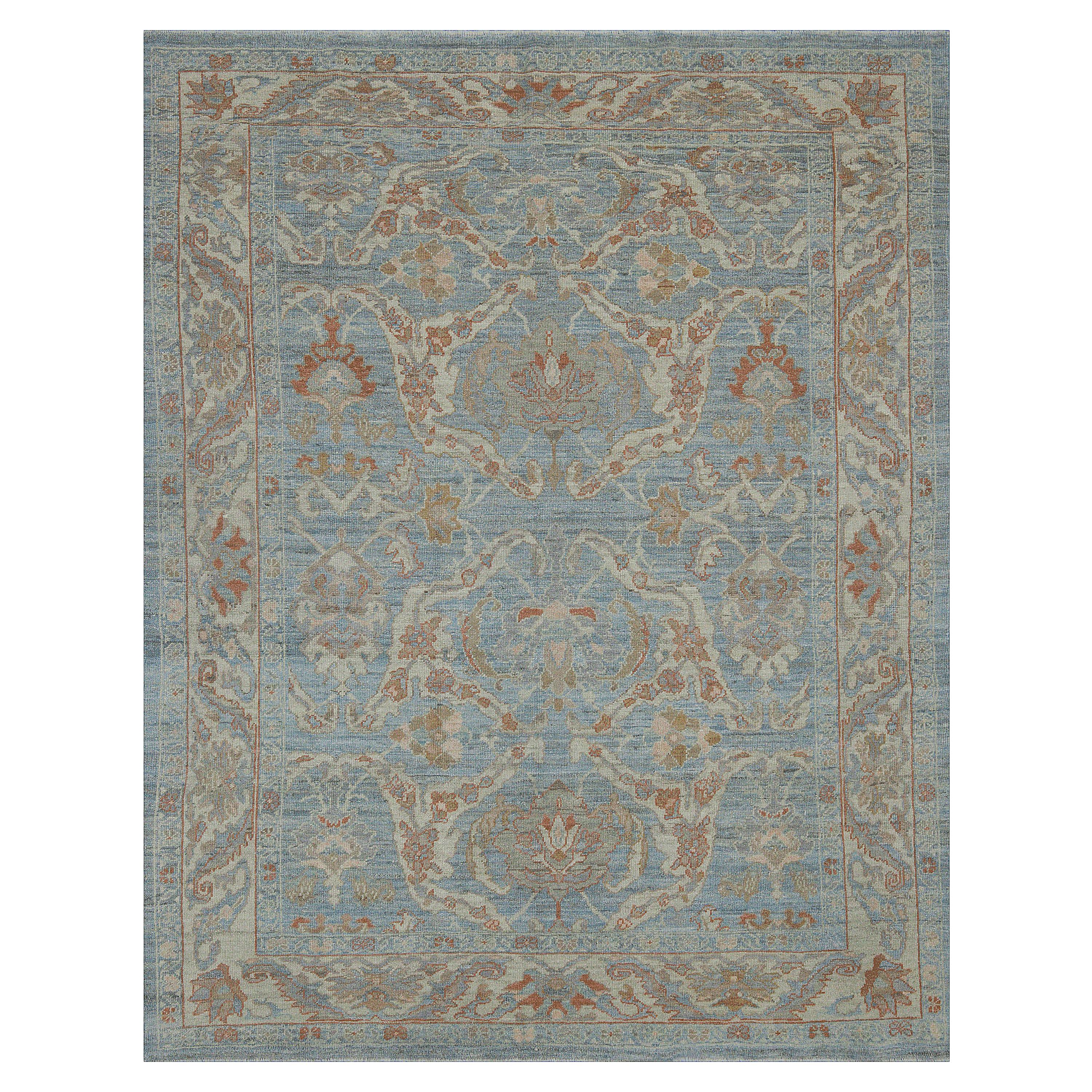 Contemporary Oushak Rug with Blue Field and Floral Patterns in Beige and Brown For Sale