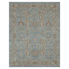 Contemporary Oushak Rug with Blue Field and Floral Patterns in Beige and Brown