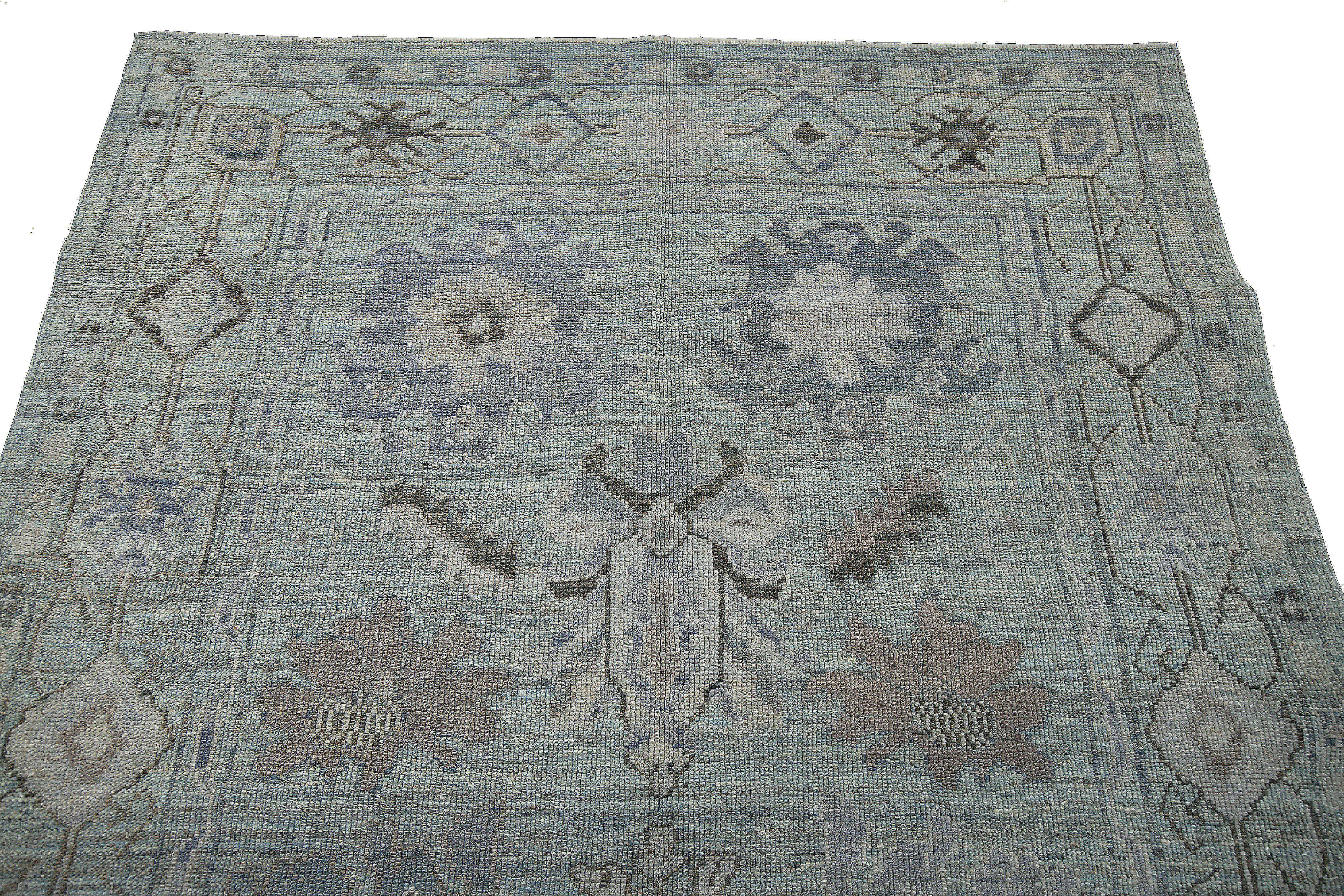 Turkish Contemporary Oushak Rug with Blue Field and Floral Patterns in Black and Gray For Sale