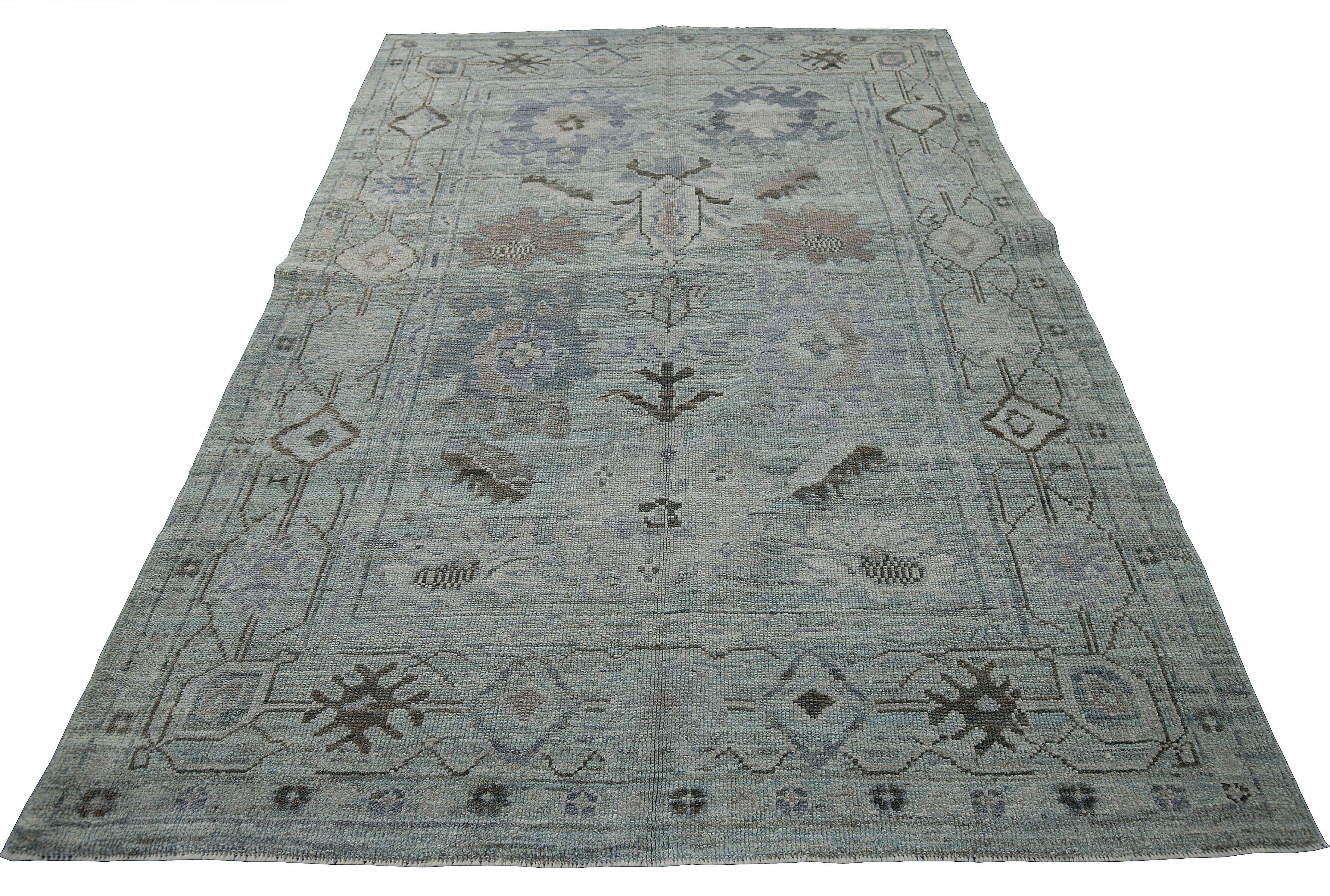 Wool Contemporary Oushak Rug with Blue Field and Floral Patterns in Black and Gray For Sale