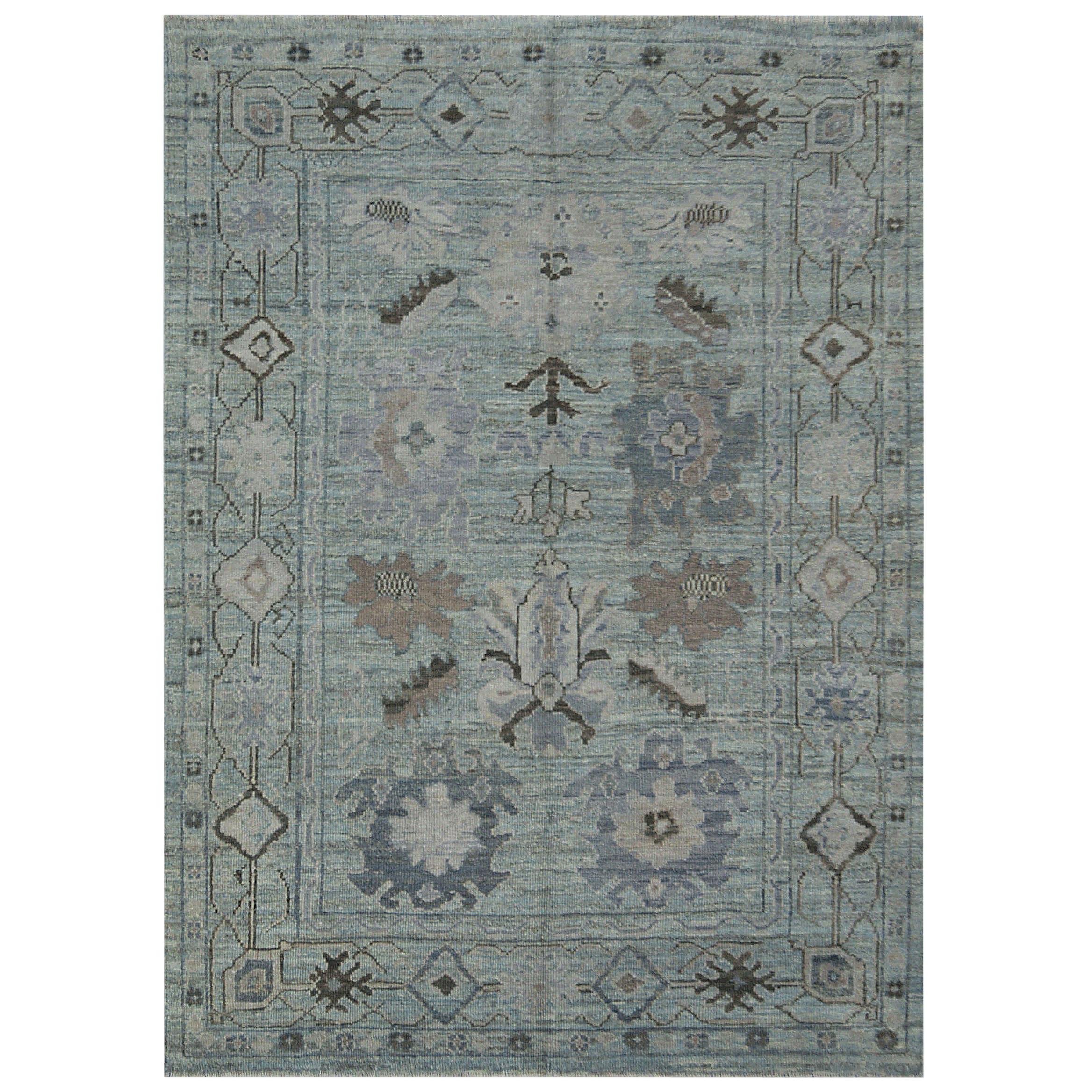Contemporary Oushak Rug with Blue Field and Floral Patterns in Black and Gray