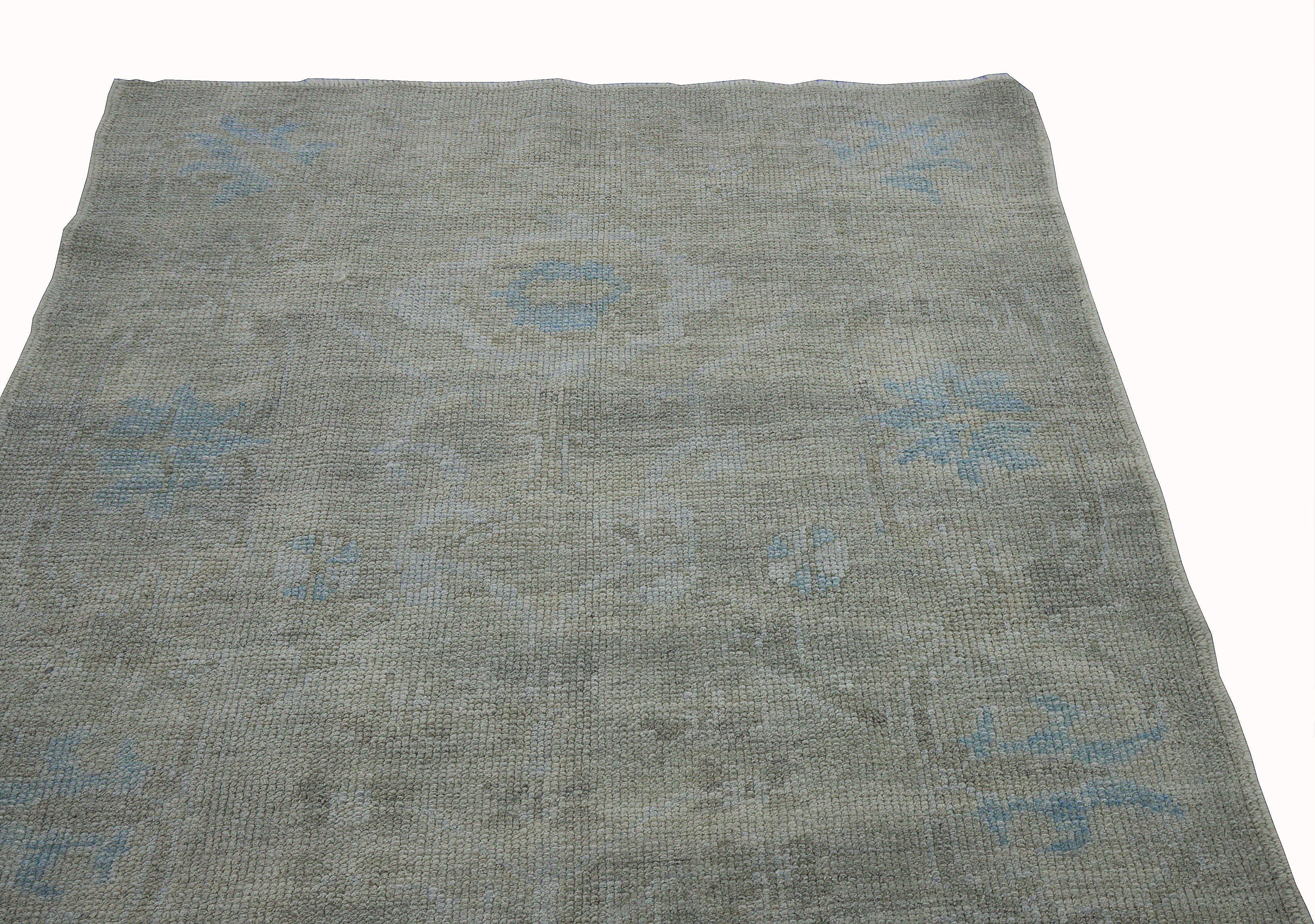 Hand-Woven Contemporary Oushak Rug with Floral Details in Blue and Gray on Beige Field