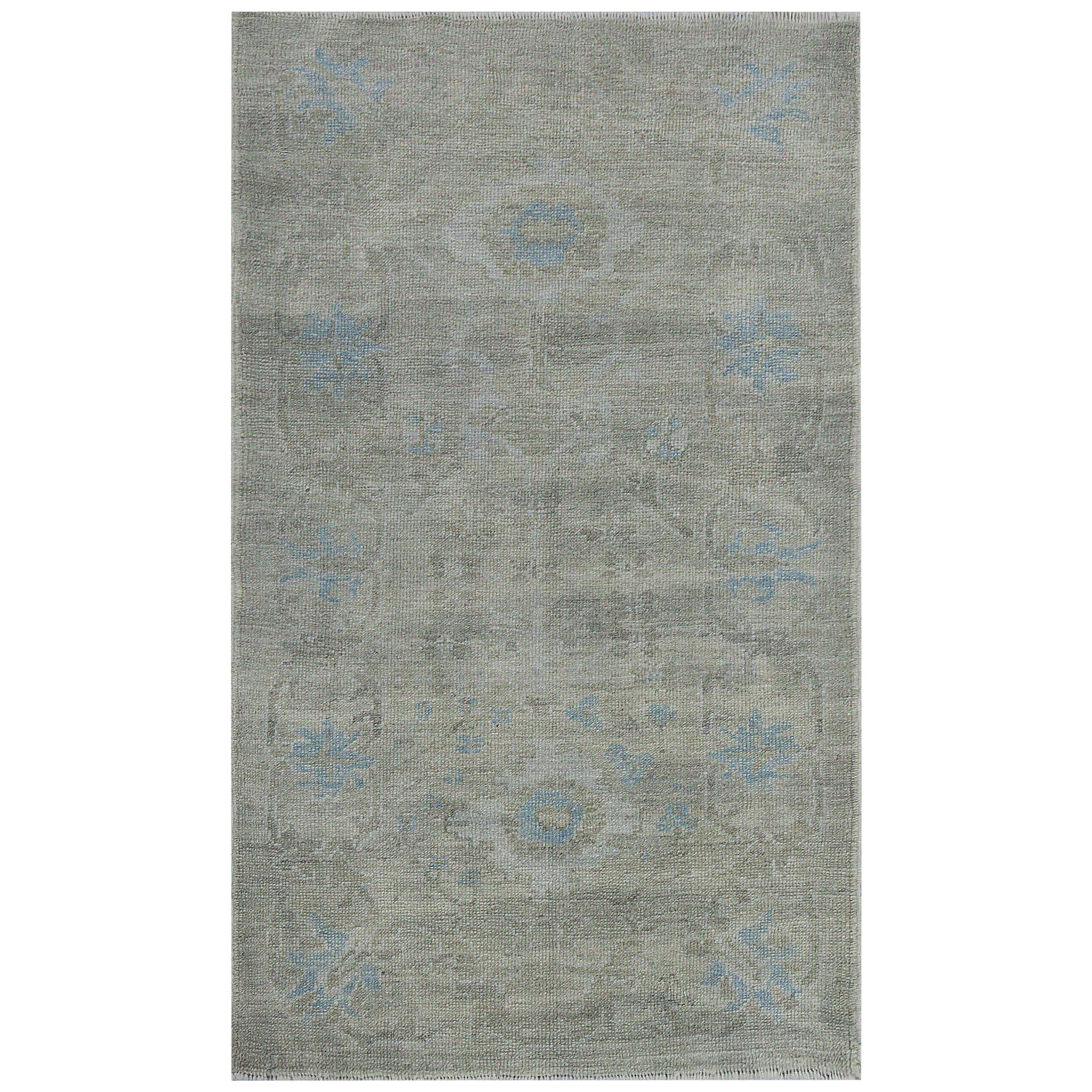 Contemporary Oushak Rug with Floral Details in Blue and Gray on Beige Field