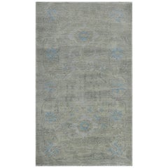 Contemporary Oushak Rug with Floral Details in Blue and Gray on Beige Field