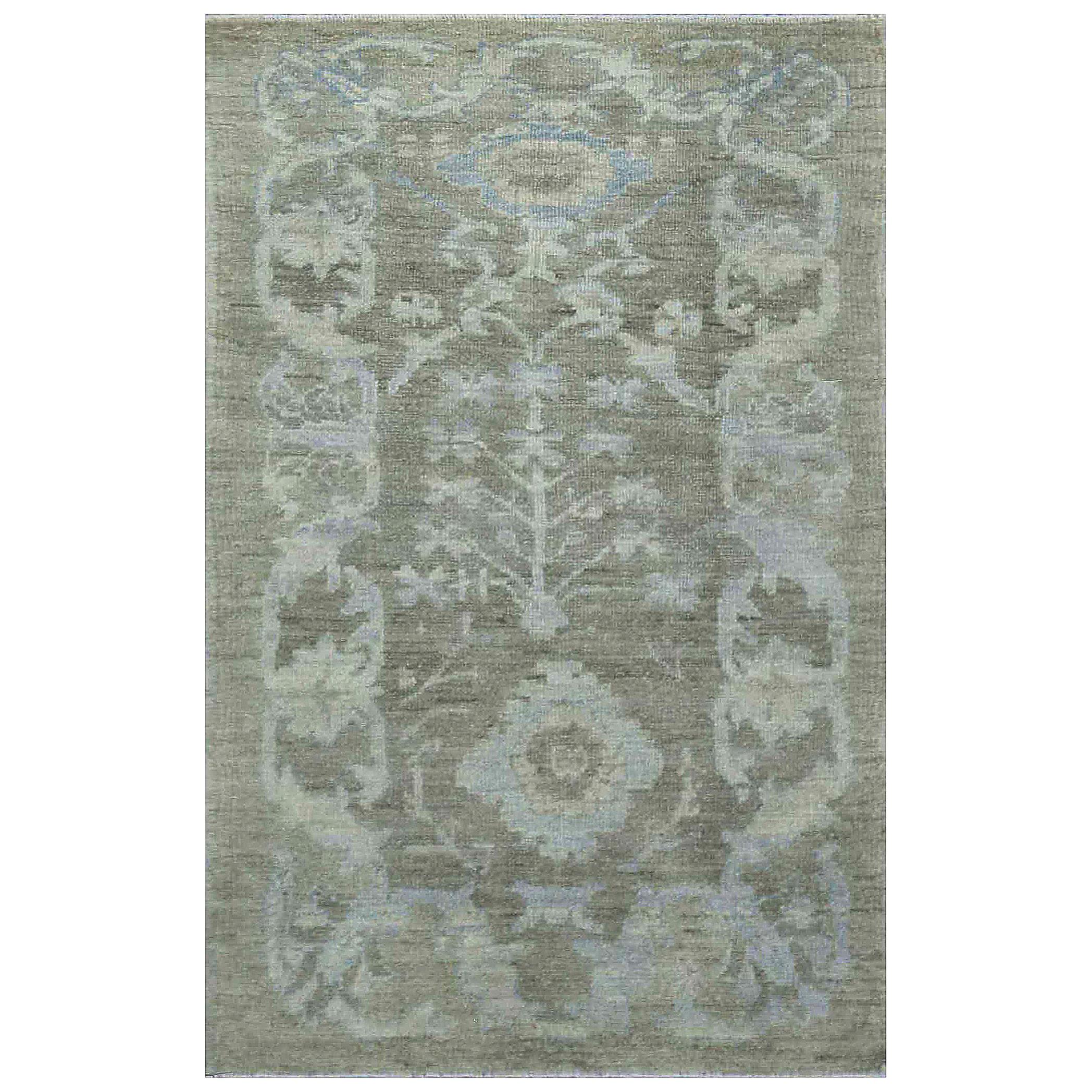 Contemporary Oushak Rug with Floral Details in Navy and Gray on Blue Field