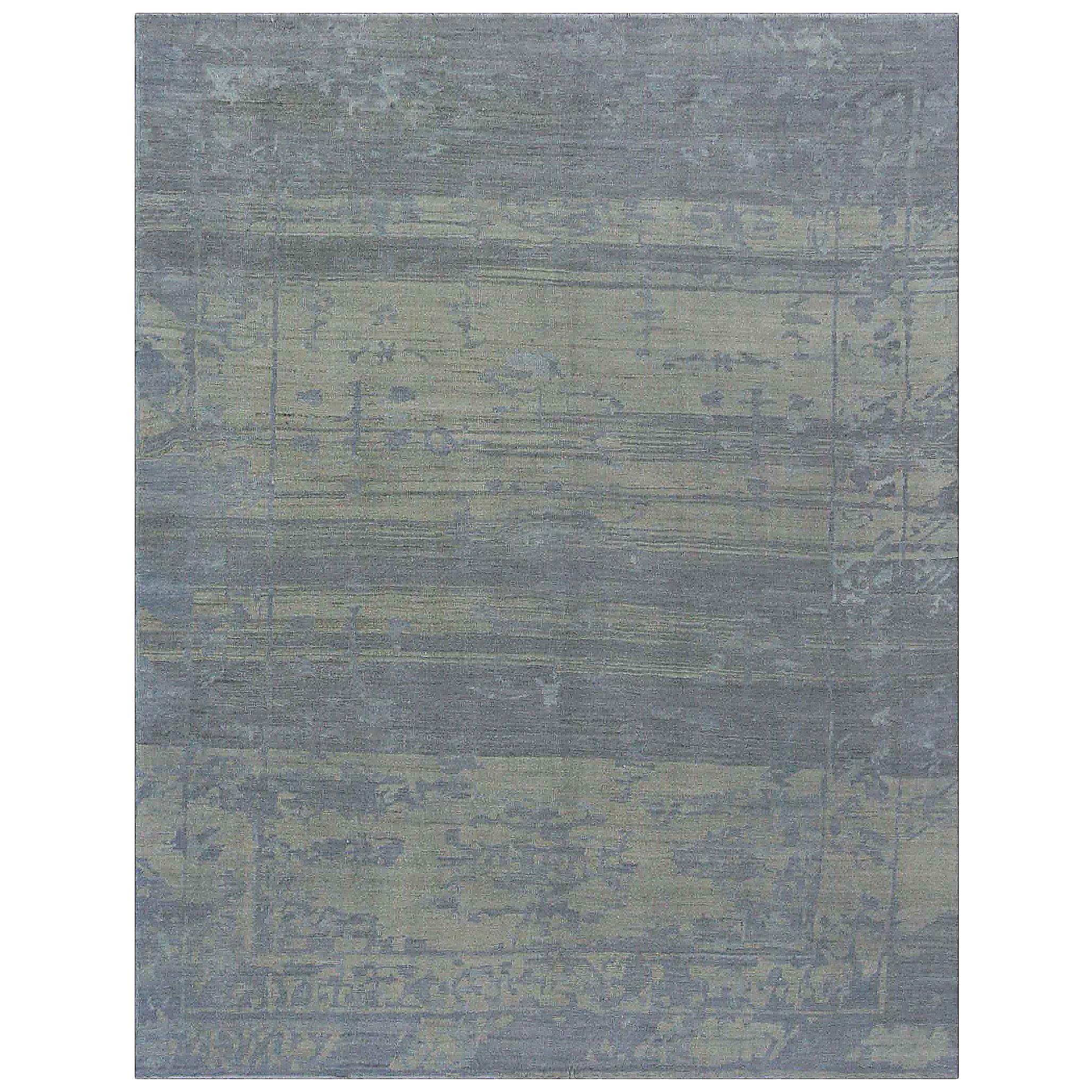 Contemporary Oushak Rug with Floral Motifs in Gray and Blue on Beige Field