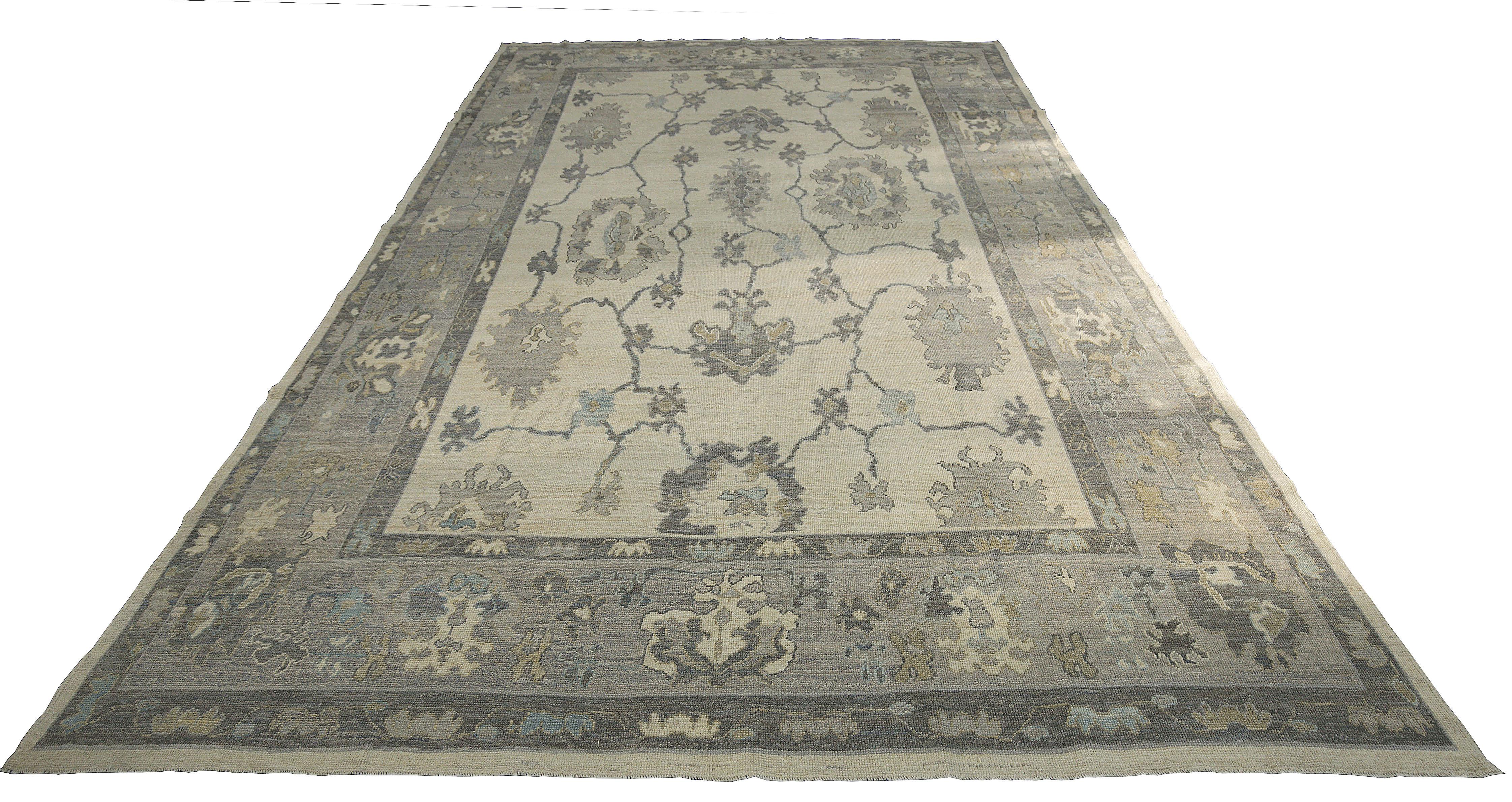 Contemporary Turkish runner rug made of handwoven sheep’s wool of the finest quality. It’s colored with organic vegetable dyes that are certified safe for humans and pets alike. It features a beautiful ivory field with floral details in blue and