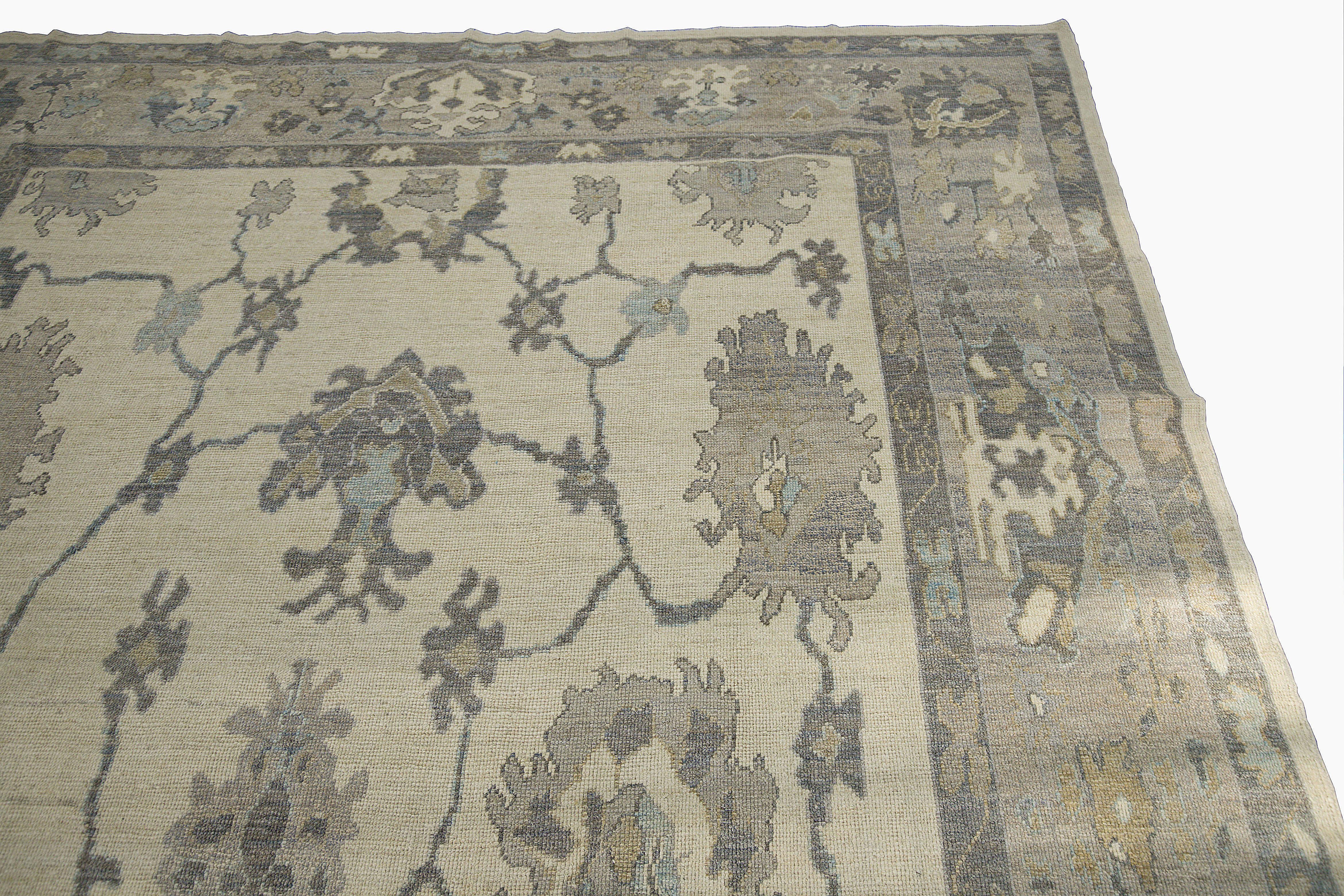 Turkish Contemporary Oushak Rug with Floral Patterns in Blue and Gray on Ivory Field For Sale