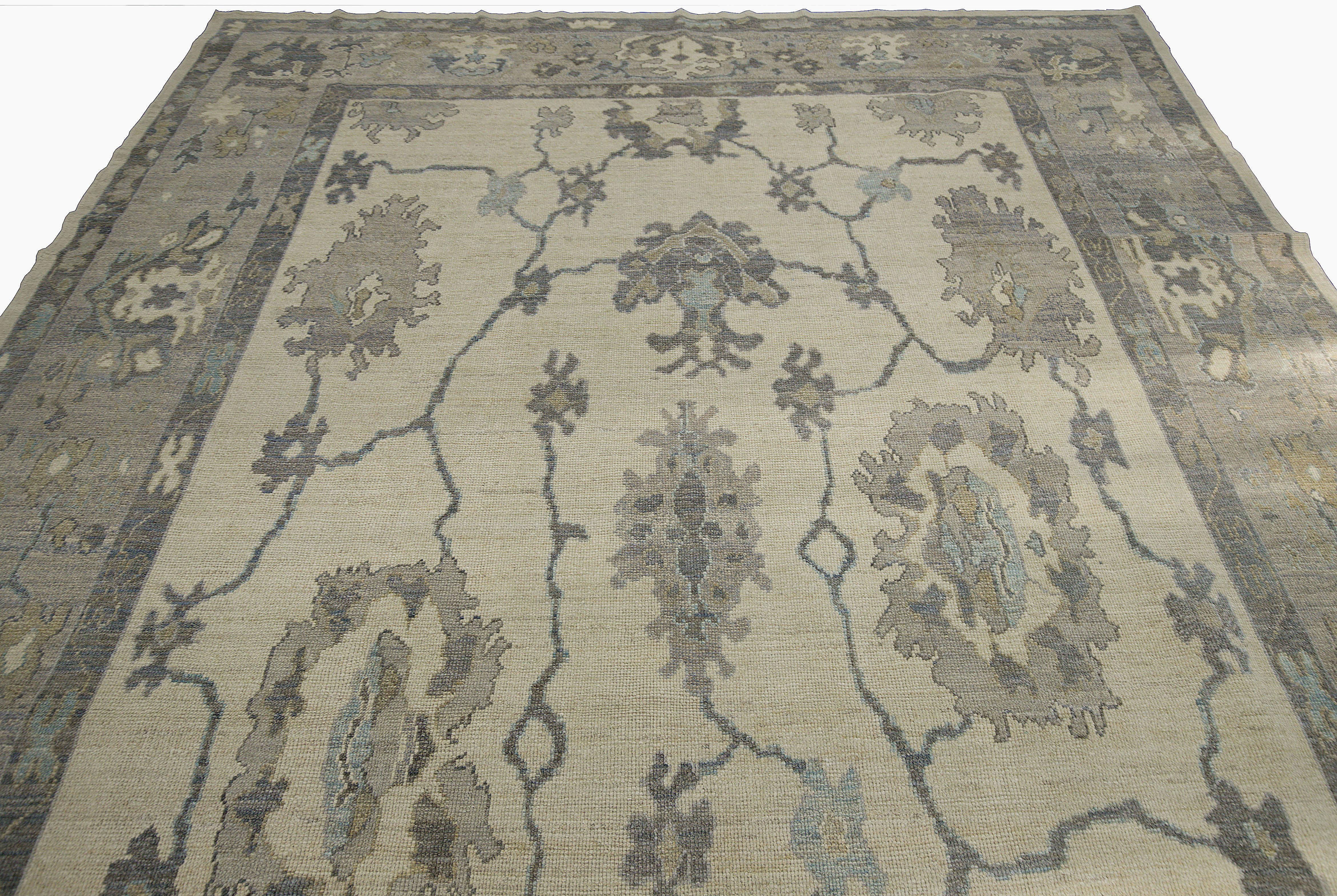 Hand-Woven Contemporary Oushak Rug with Floral Patterns in Blue and Gray on Ivory Field For Sale