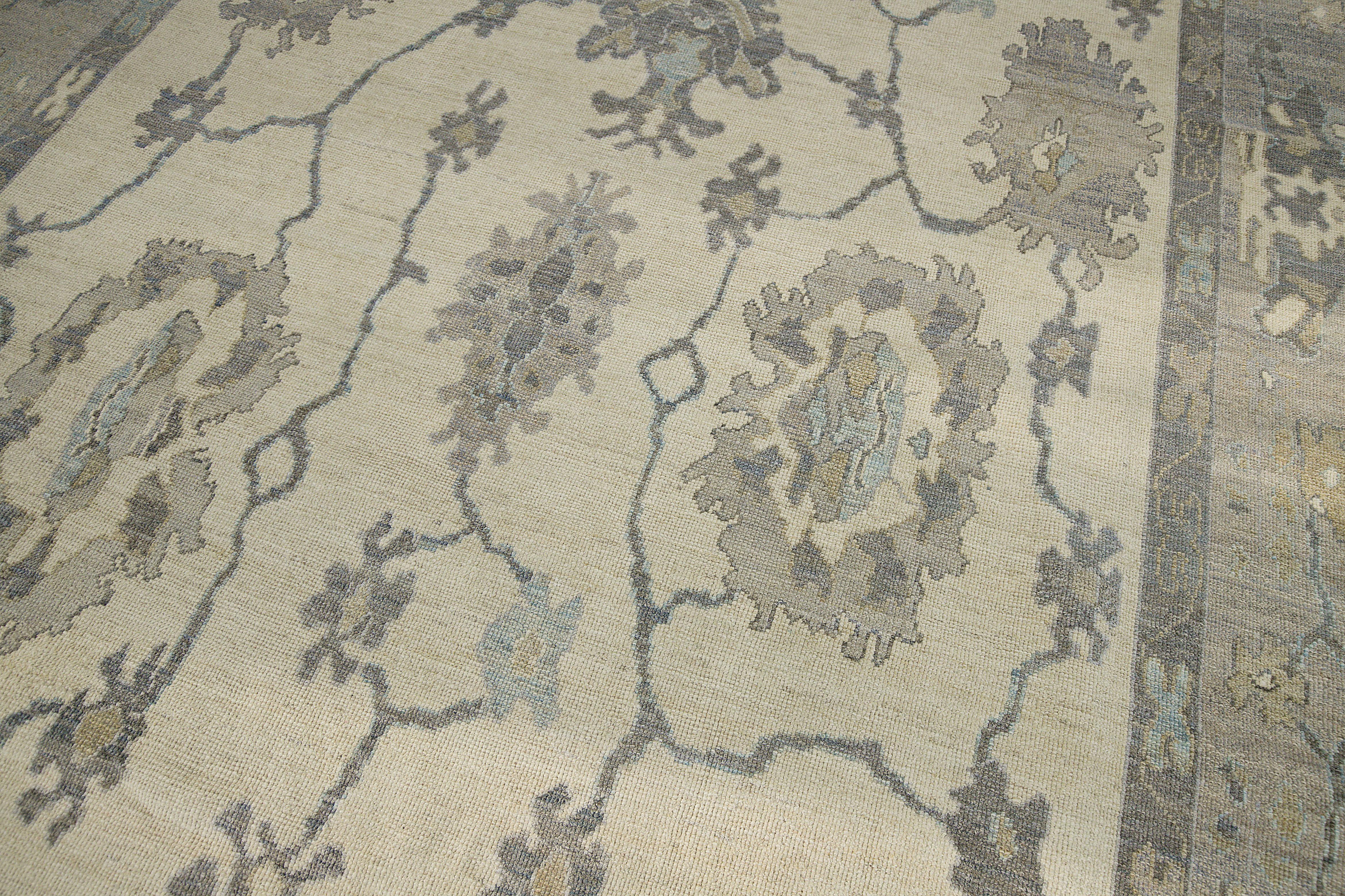 Contemporary Oushak Rug with Floral Patterns in Blue and Gray on Ivory Field In New Condition For Sale In Dallas, TX