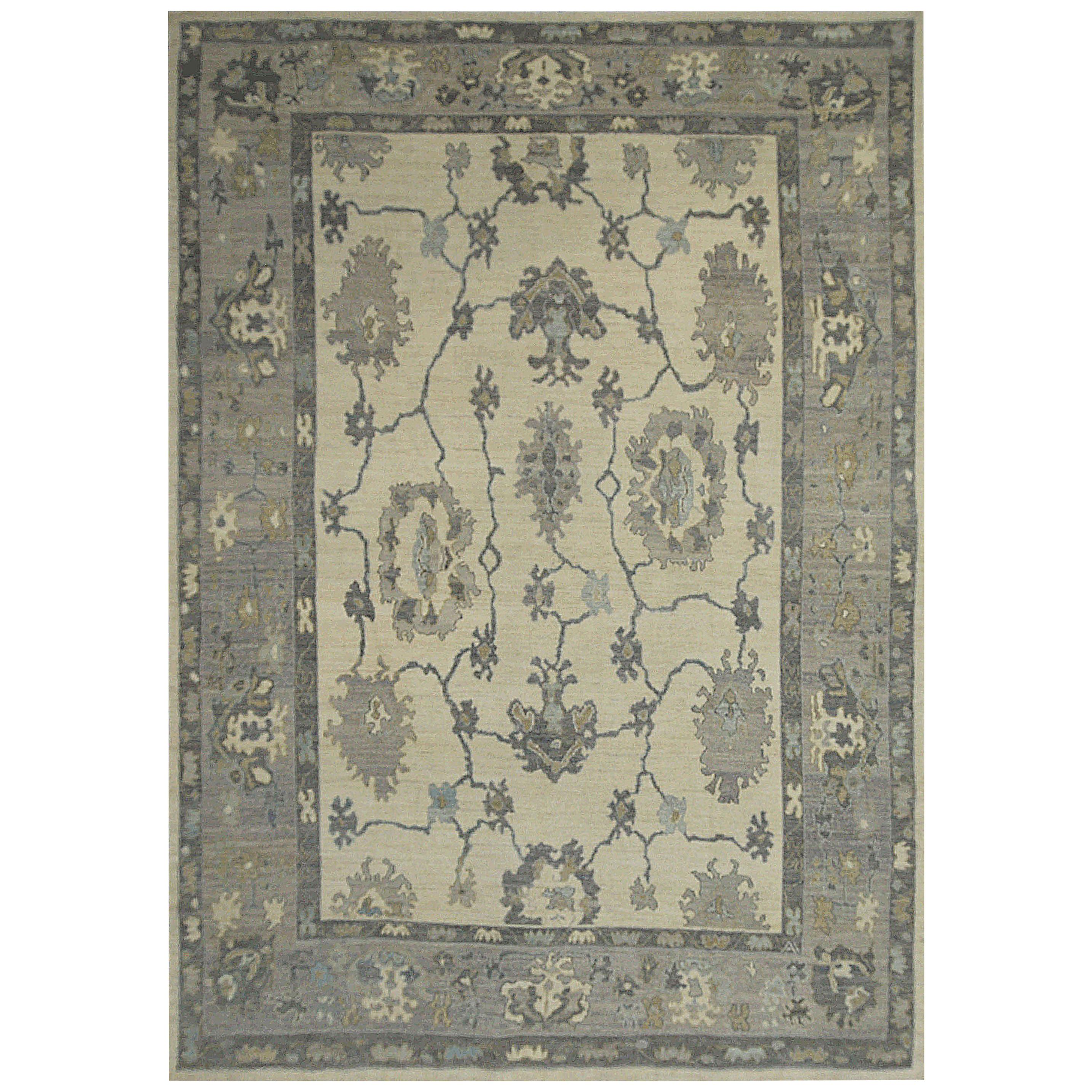 Contemporary Oushak Rug with Floral Patterns in Blue and Gray on Ivory Field