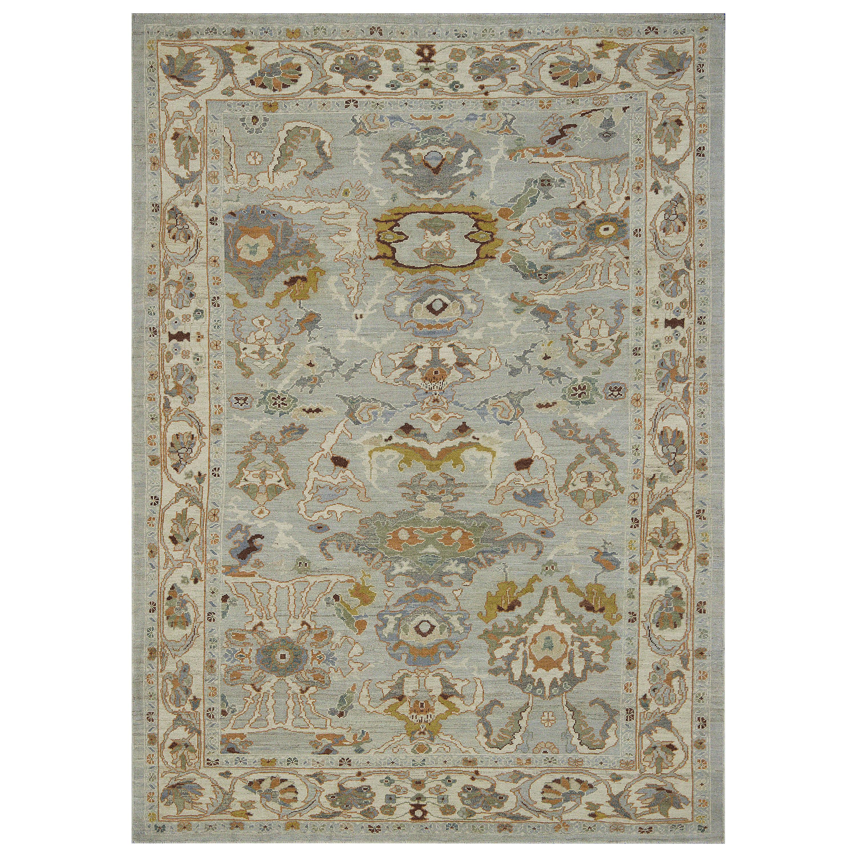 Contemporary Oushak Rug with Floral Patterns in Ivory and Gold on Gray Field