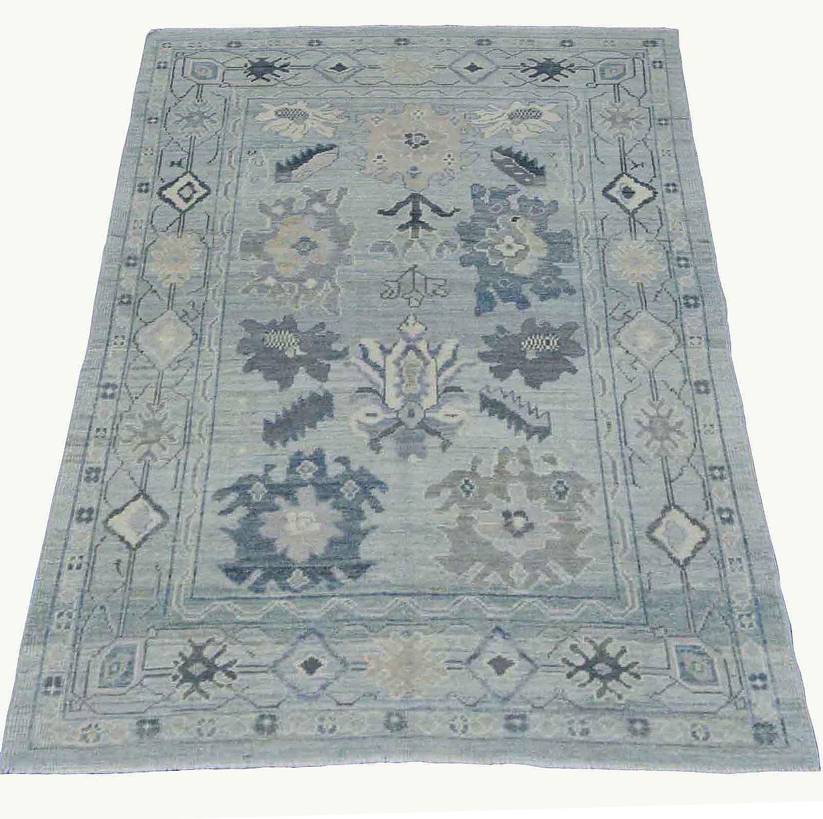 Turkish Contemporary Oushak Rug with Floral Patterns in White and Gray on Blue Field