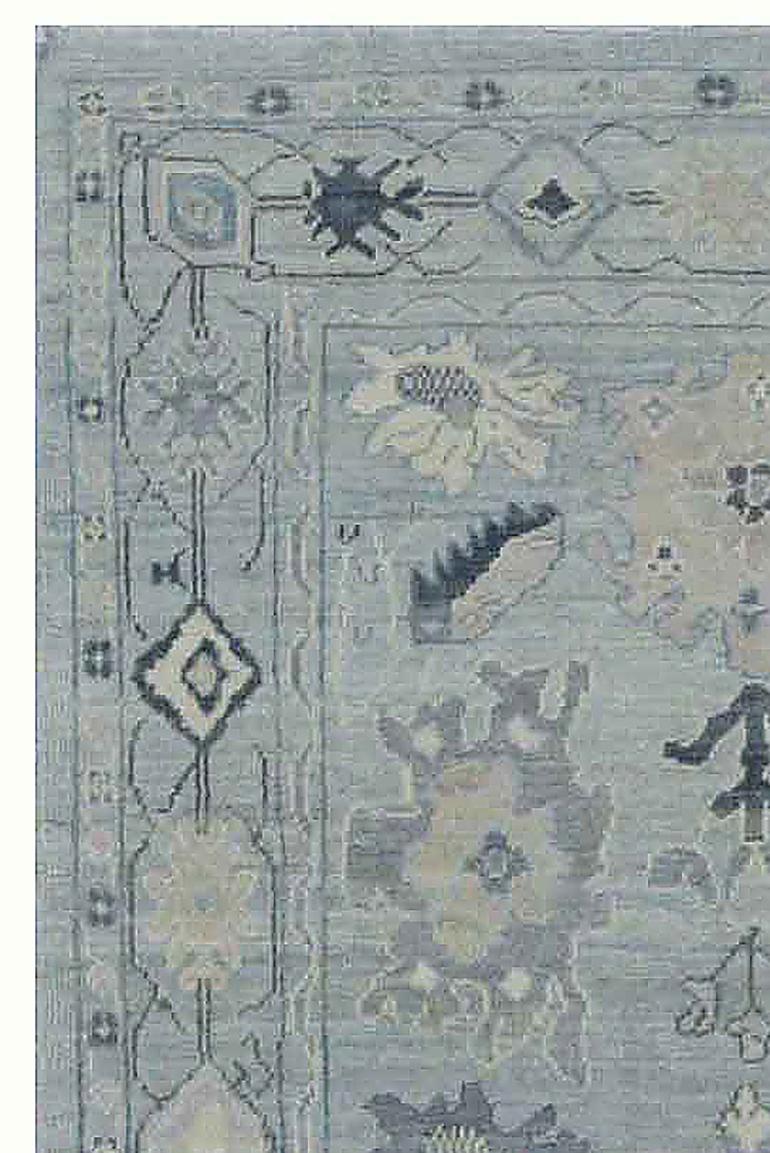 Hand-Woven Contemporary Oushak Rug with Floral Patterns in White and Gray on Blue Field