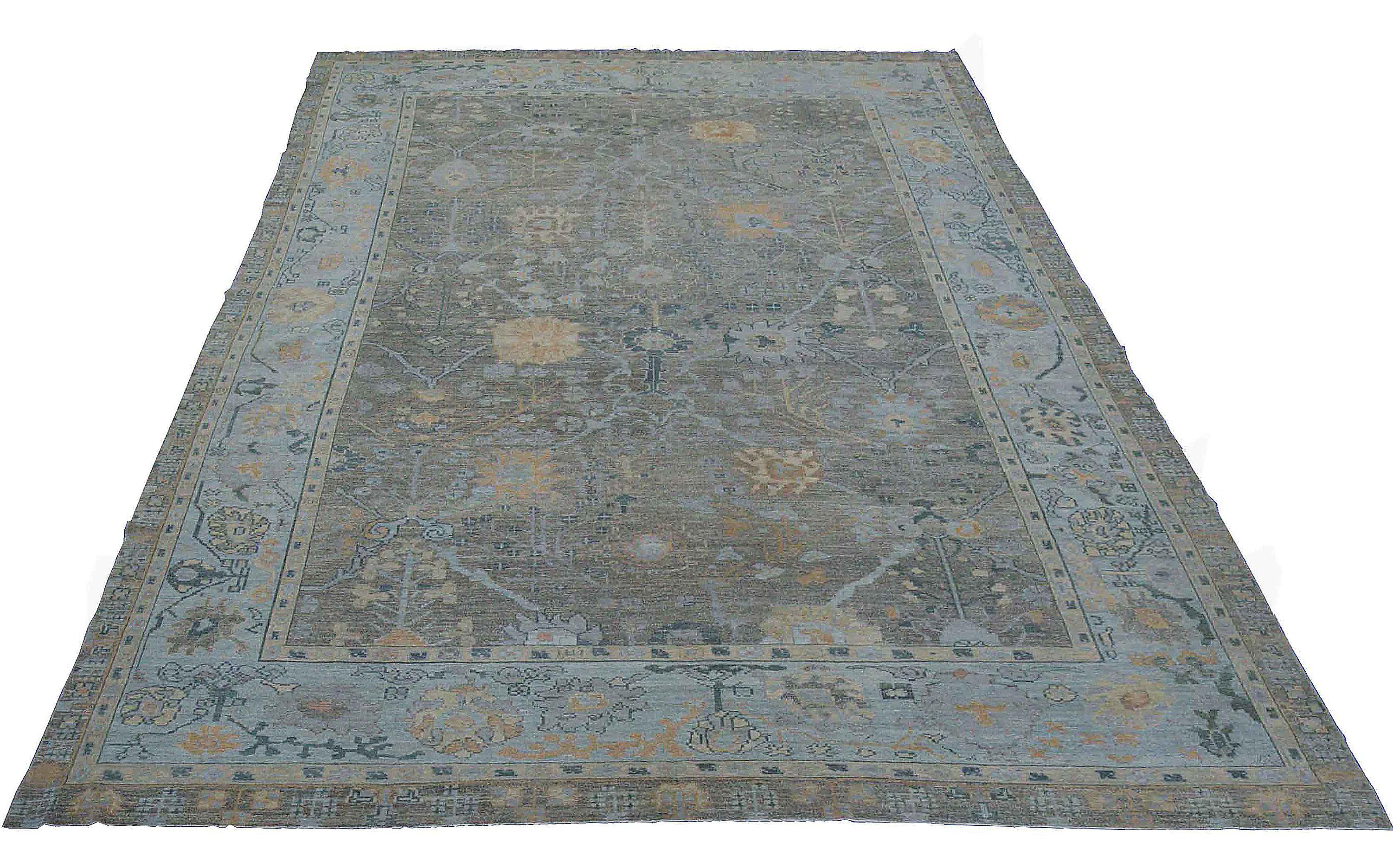 Hand-Woven Contemporary Oushak Rug with Gray Field and Blue Border with Floral Motif For Sale