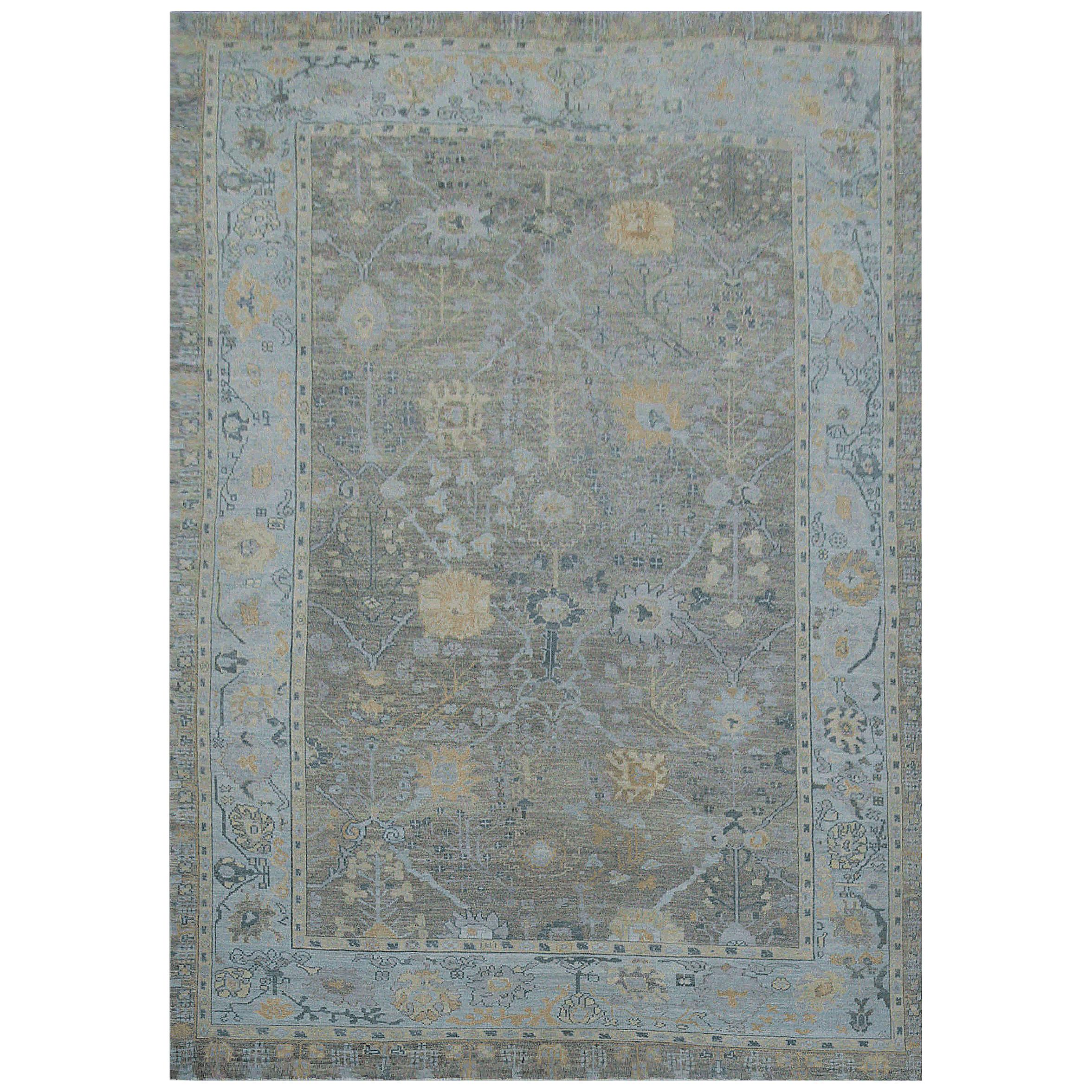 Contemporary Oushak Rug with Gray Field and Blue Border with Floral Motif