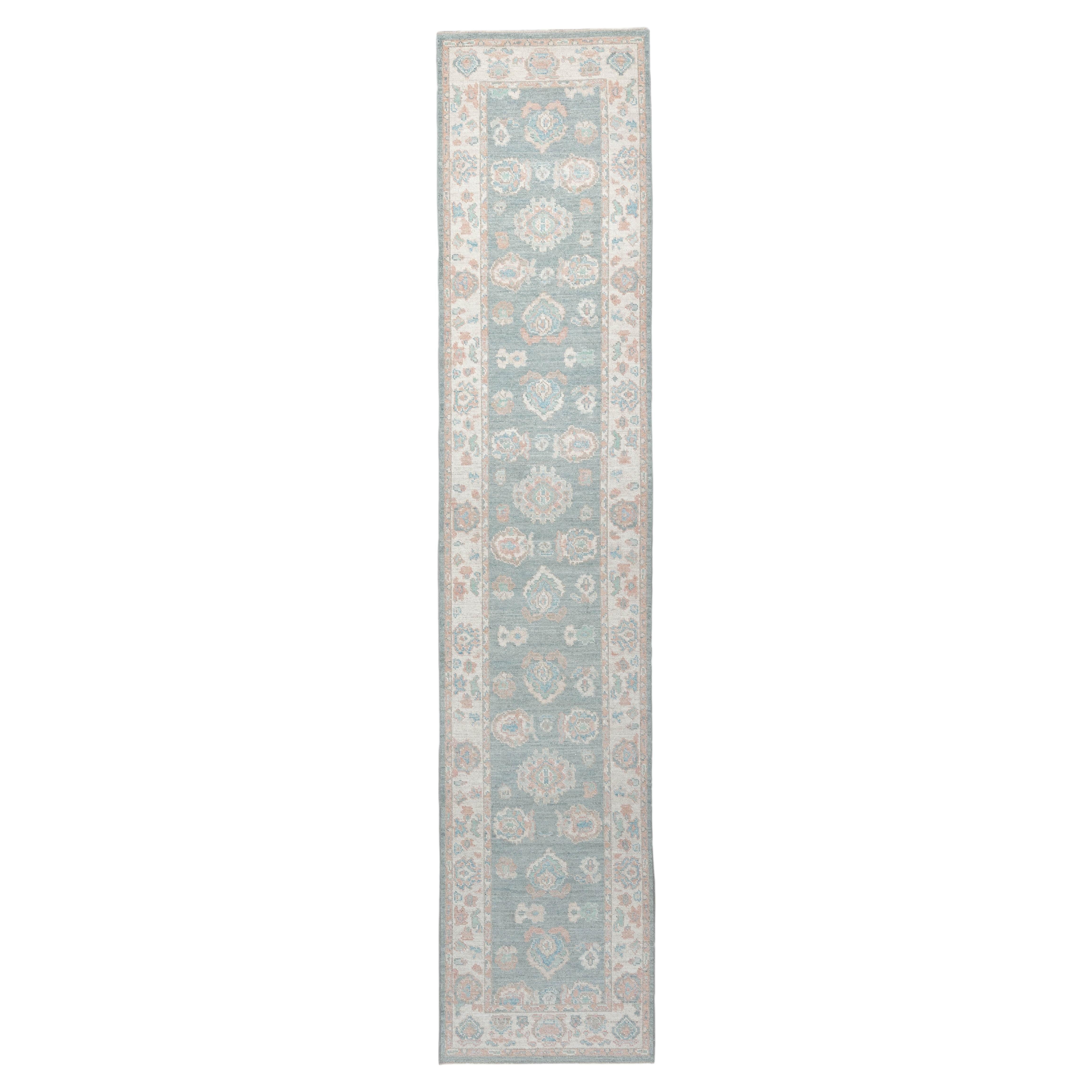 Contemporary Oushak Runner in Blue-Green with Ivory Border, 14'2" For Sale