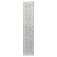 Contemporary Oushak Runner in Blue-Green with Ivory Border, 14'2"
