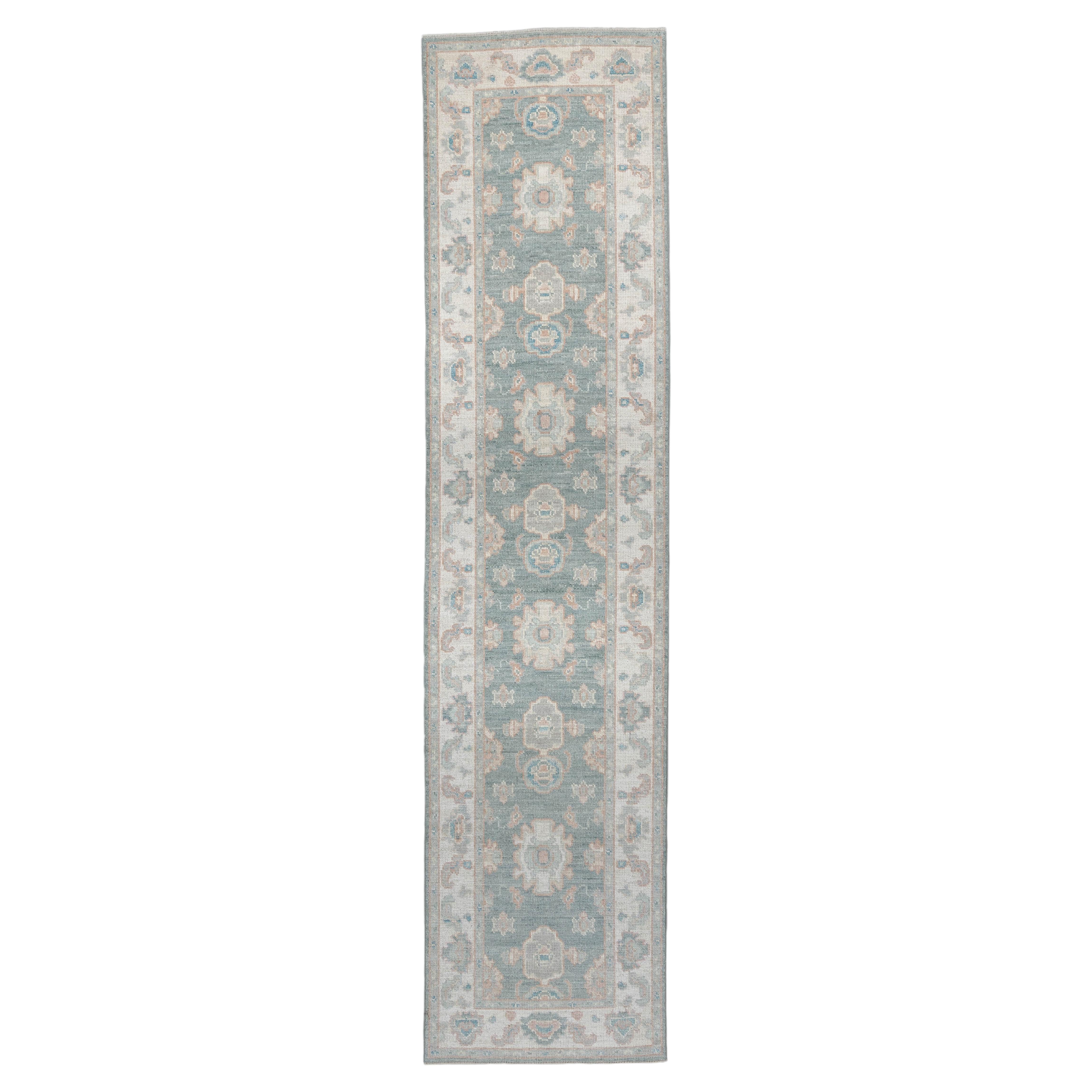 Contemporary Oushak Runner in Blue-Grey with Ivory Border, 12'1"