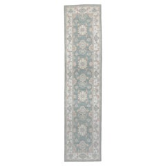 Contemporary Oushak Runner in Blue-Grey with Ivory Border, 12'1"