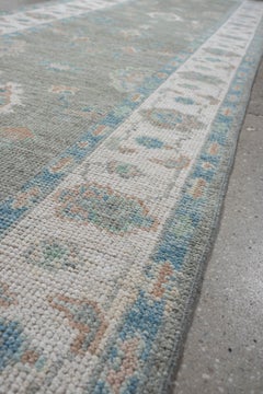 Contemporary Oushak Runner in Grey and Ivory with Blue Accents, 12'0"