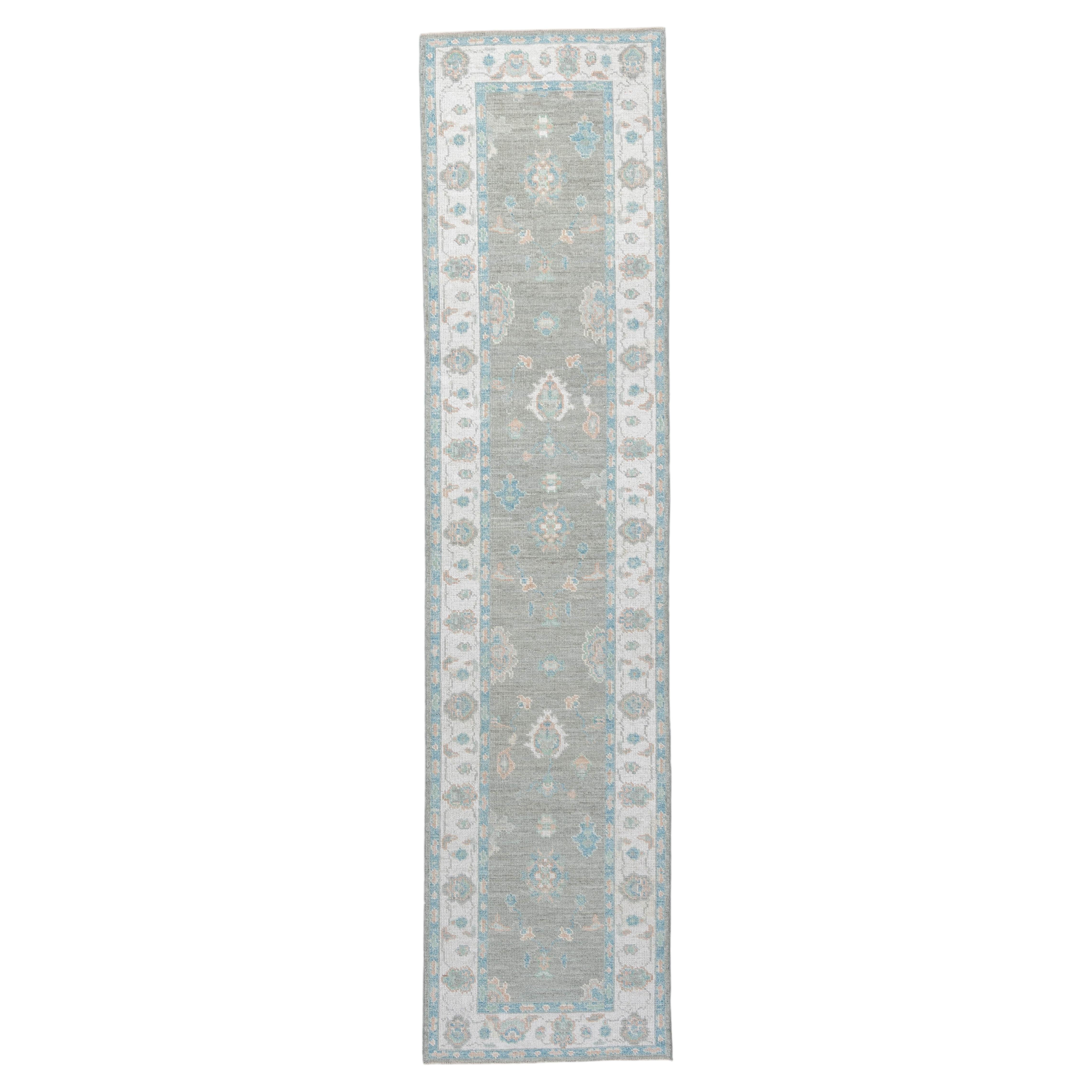 Contemporary Oushak Runner in Grey and Ivory with Blue Accents, 12'0"