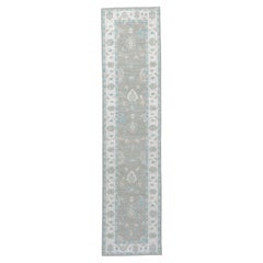 Contemporary Oushak Runner in Grey and Ivory with Blue Accents, 12'0"