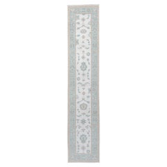 Contemporary Oushak Runner in Ivory and Seafoam, 14'6"