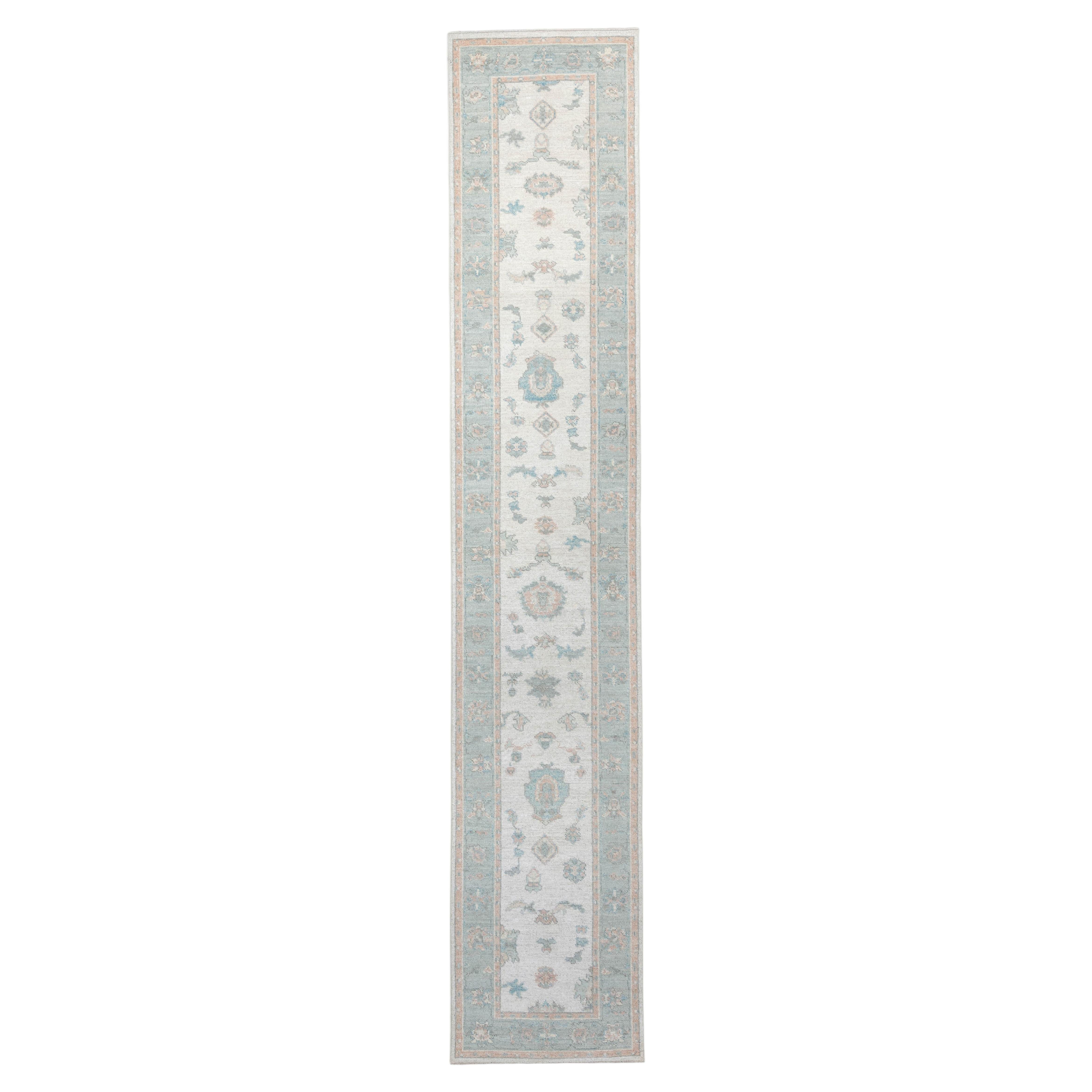 Contemporary Oushak Runner in Ivory with Seafoam Floral Design, 15'8"